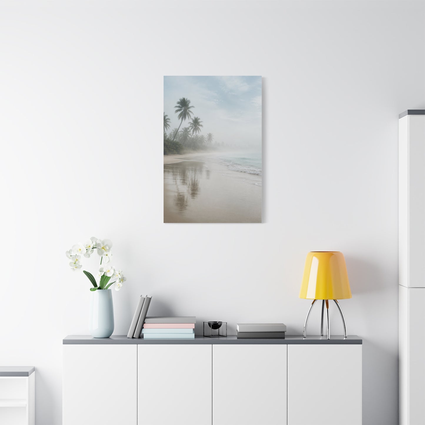 Misty Coastal Palm Shoreline Minimal Tropical Wall Art & Canvas Print