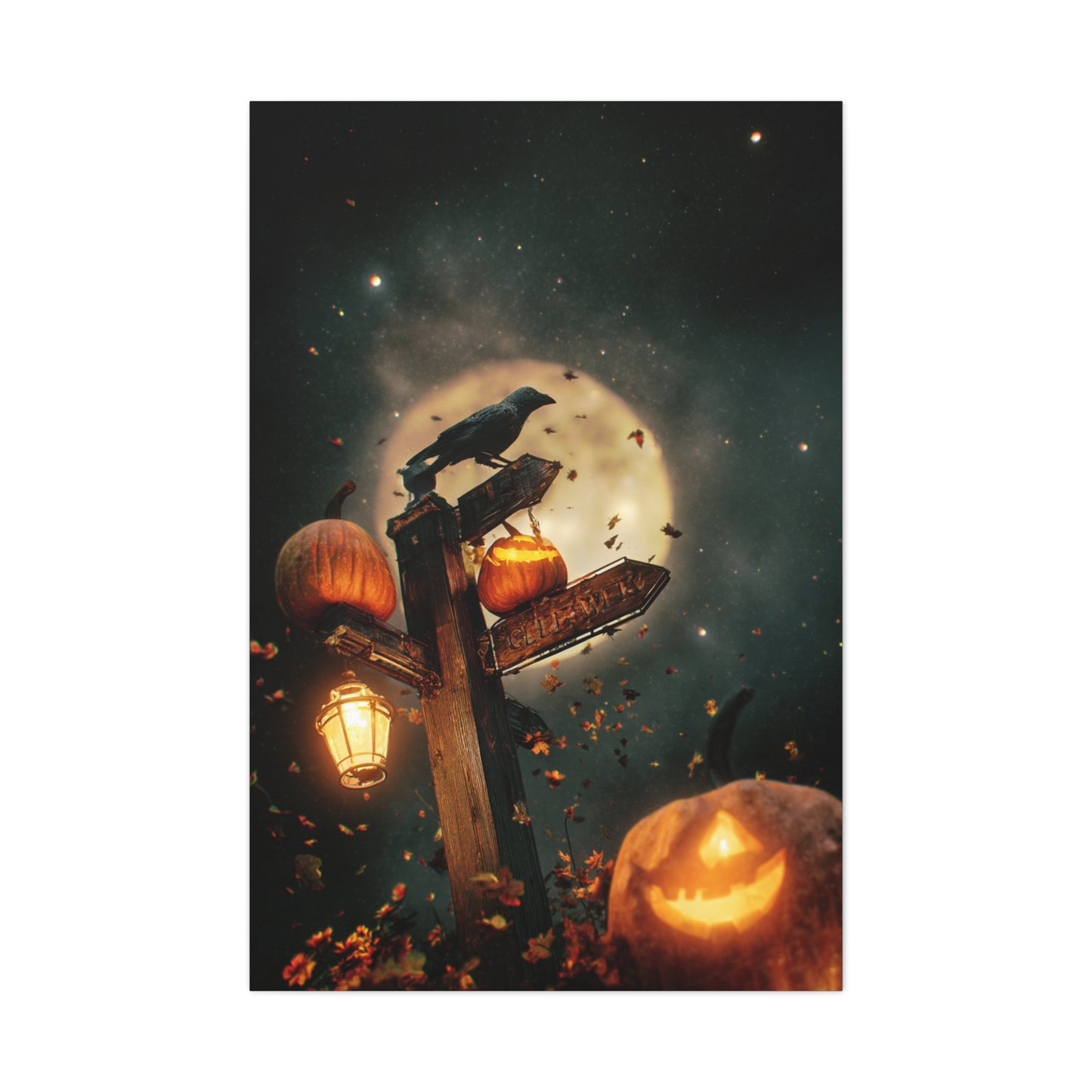 Crow on Pumpkin Signpost Under the Full Moon Wall Art & Canvas Print