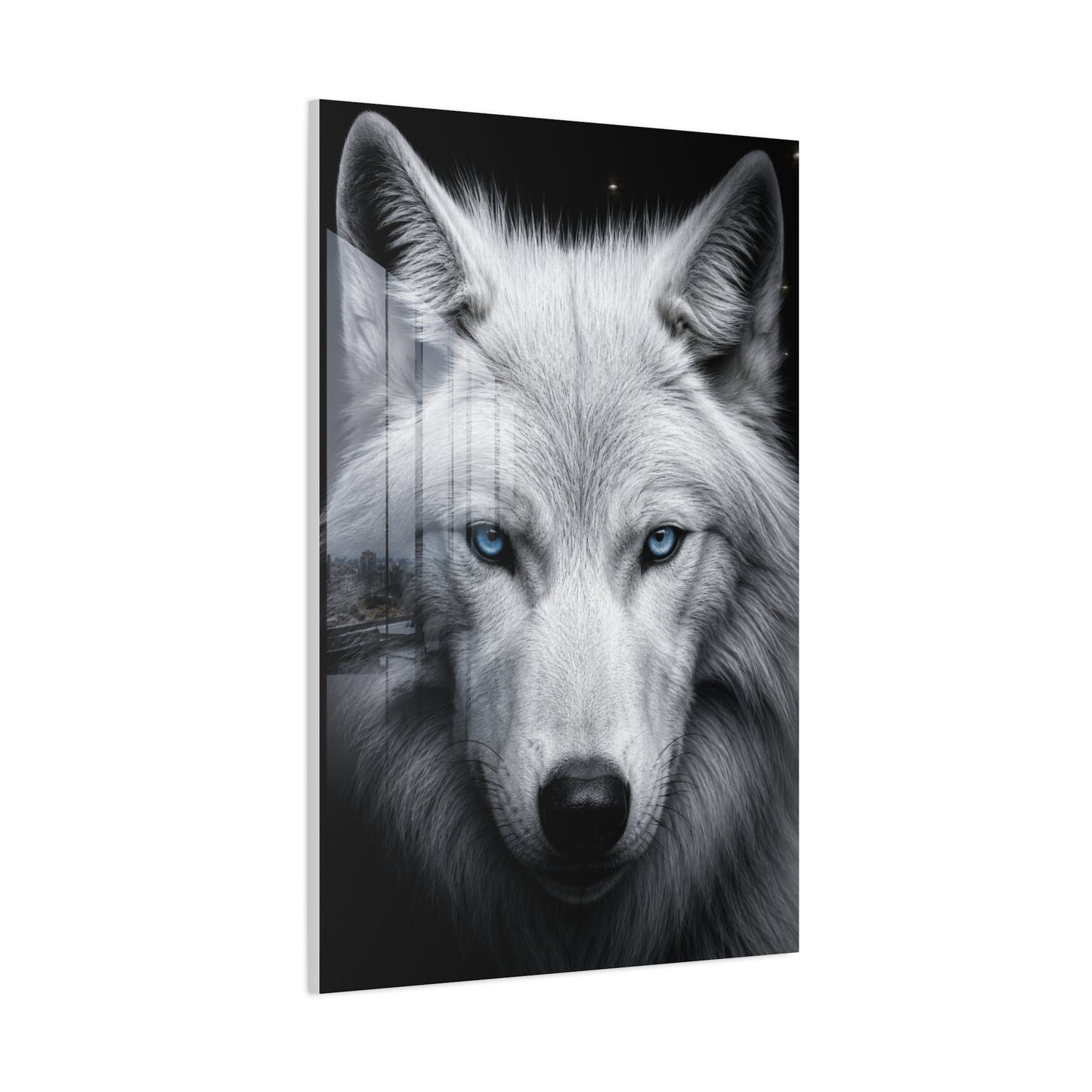 White Wolf Blue Eyes Monochrome Portrait Wall Art & Canvas Print