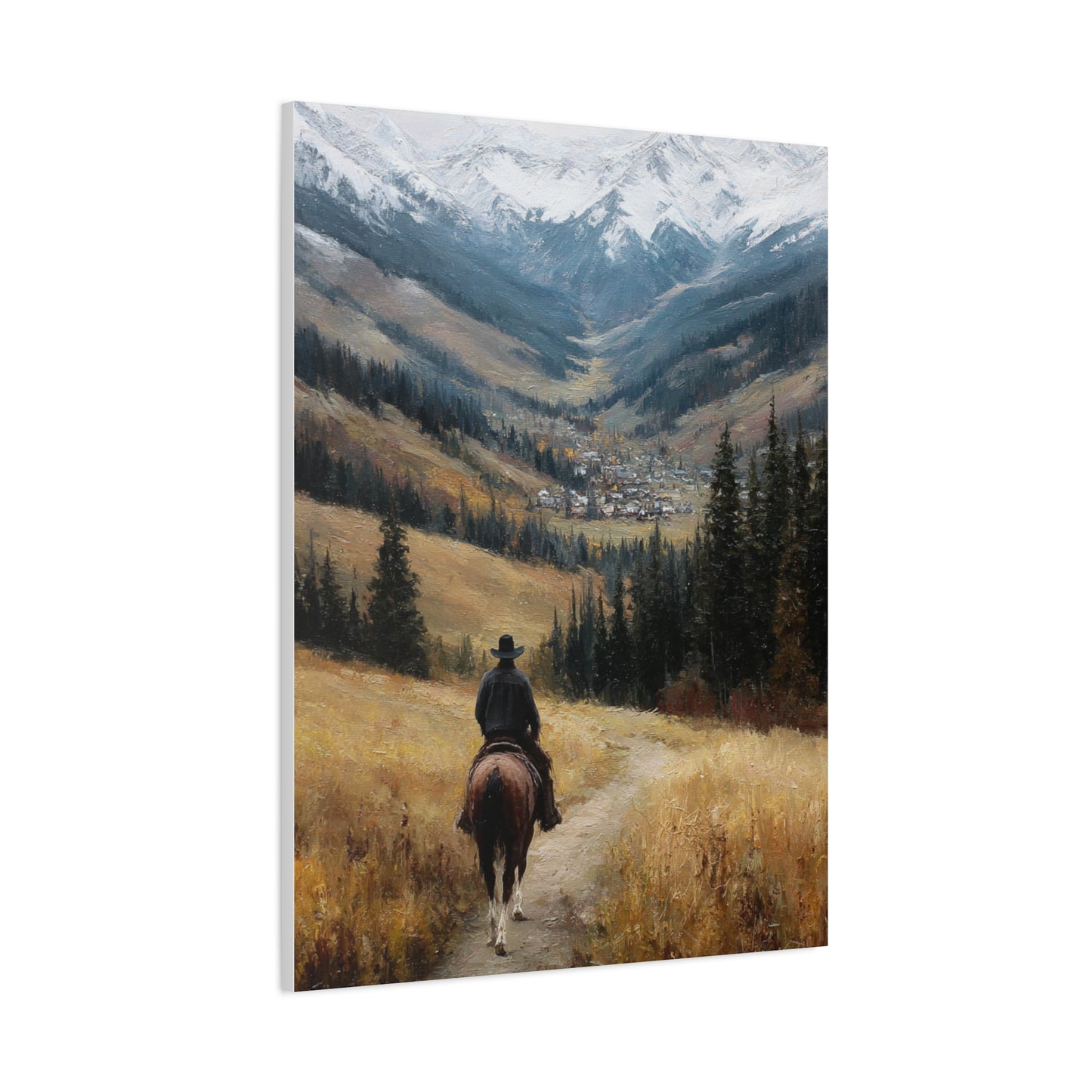 Cowboy Riding Toward a Hidden Mountain Valley Wall Art & Canvas Print