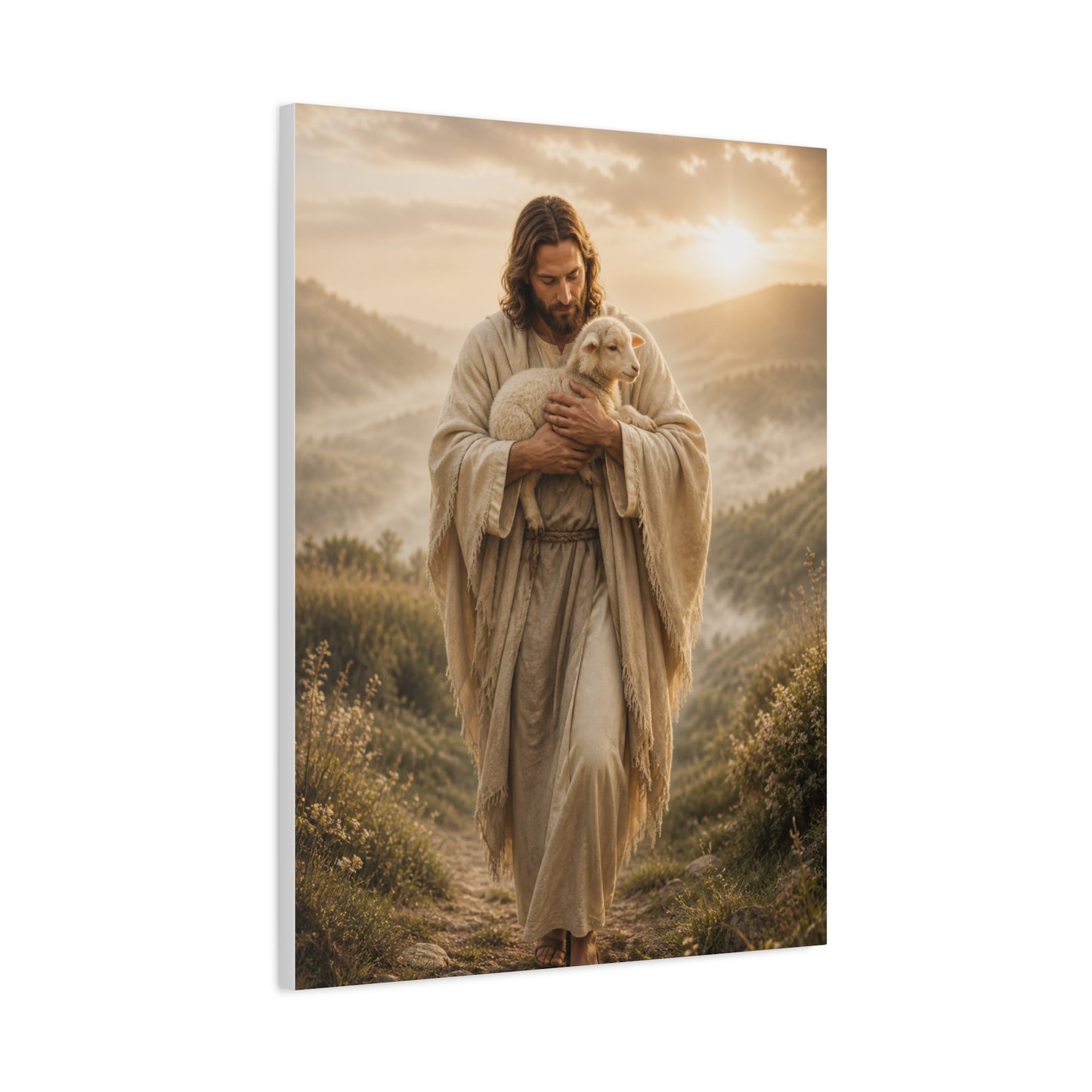 The Good Shepherd Walking with Lamb Wall Art & Canvas Print