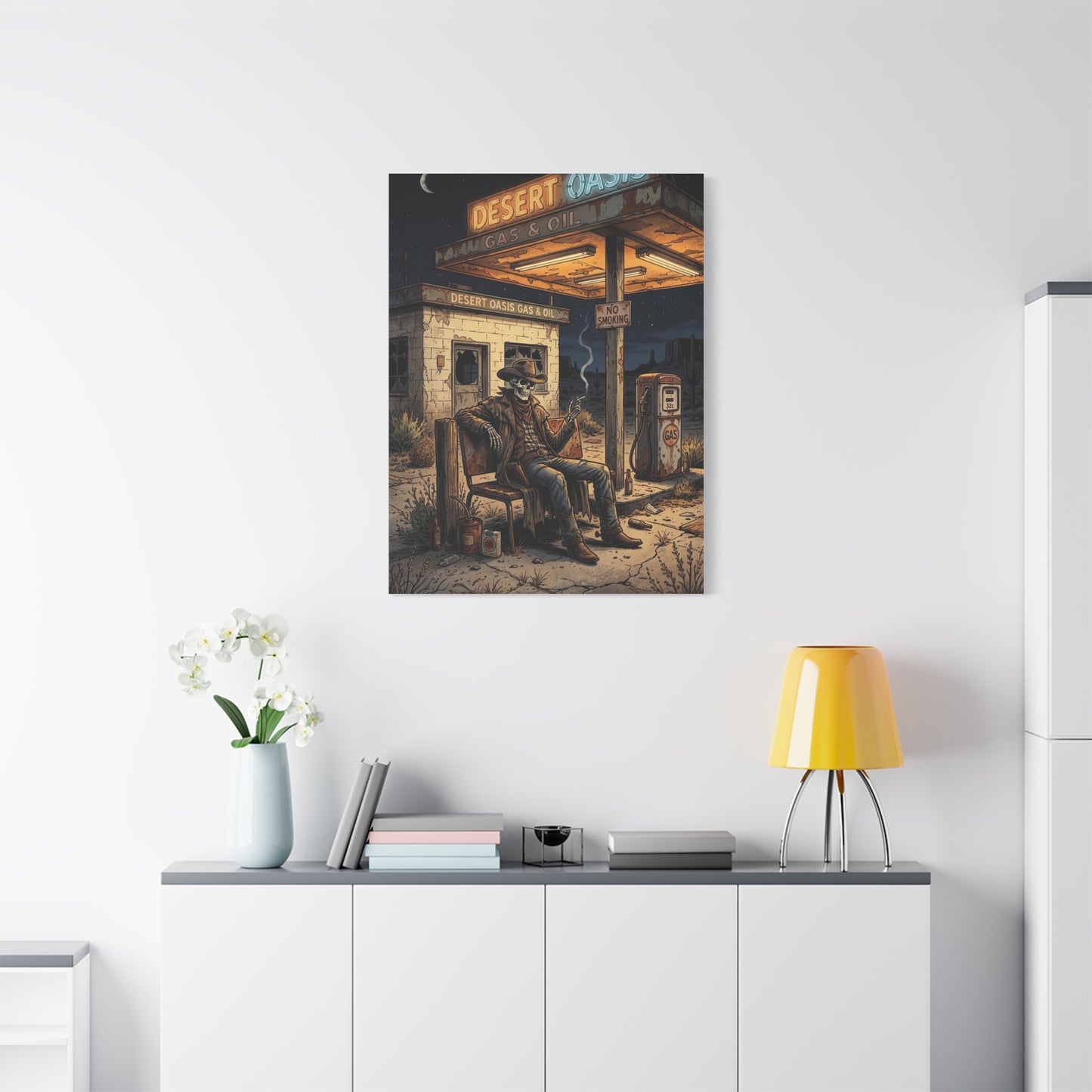 Desert Oasis Skeleton Cowboy Scene Wall Art & Canvas Print
