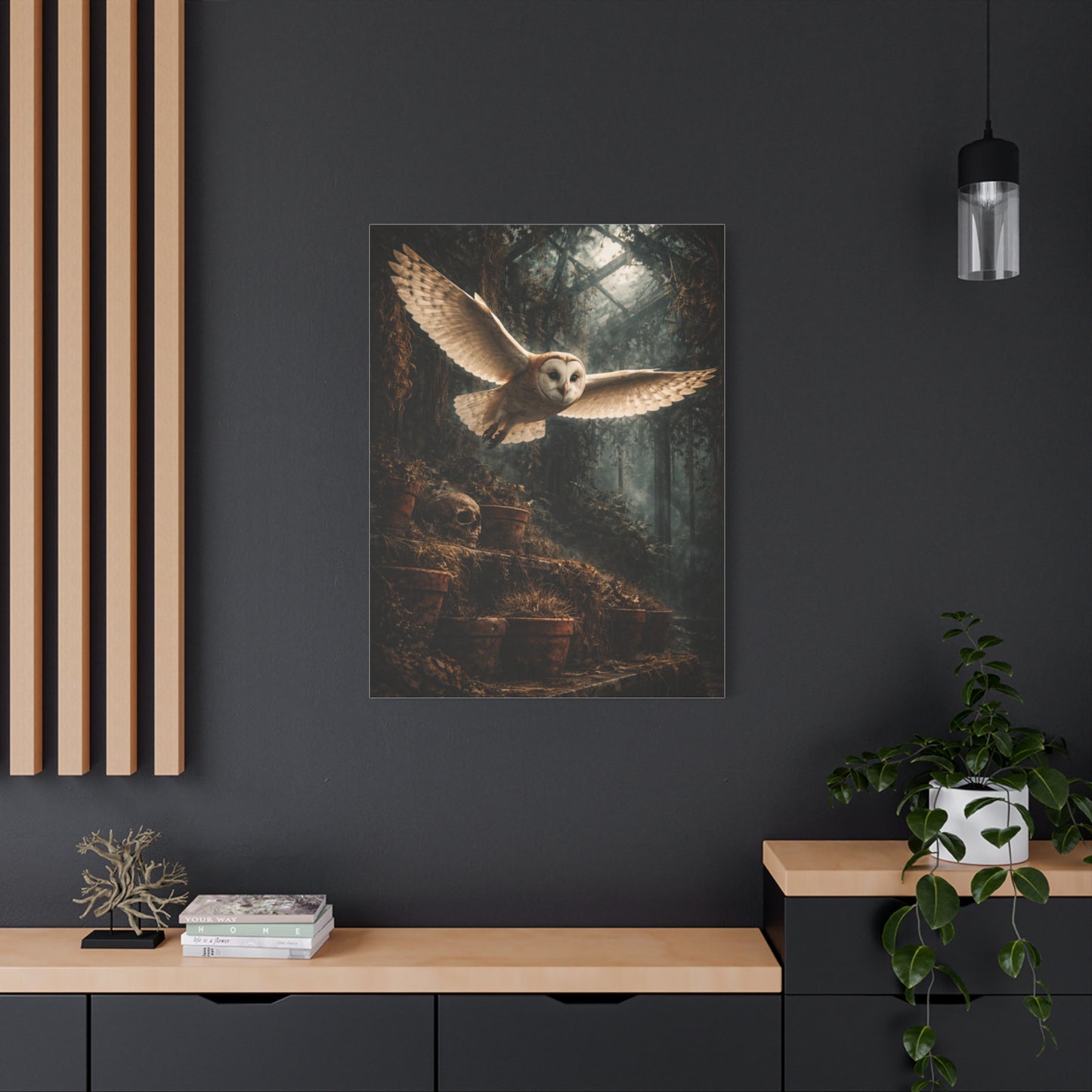 Gothic Greenhouse Flying Barn Owl Wall Art & Canvas Print
