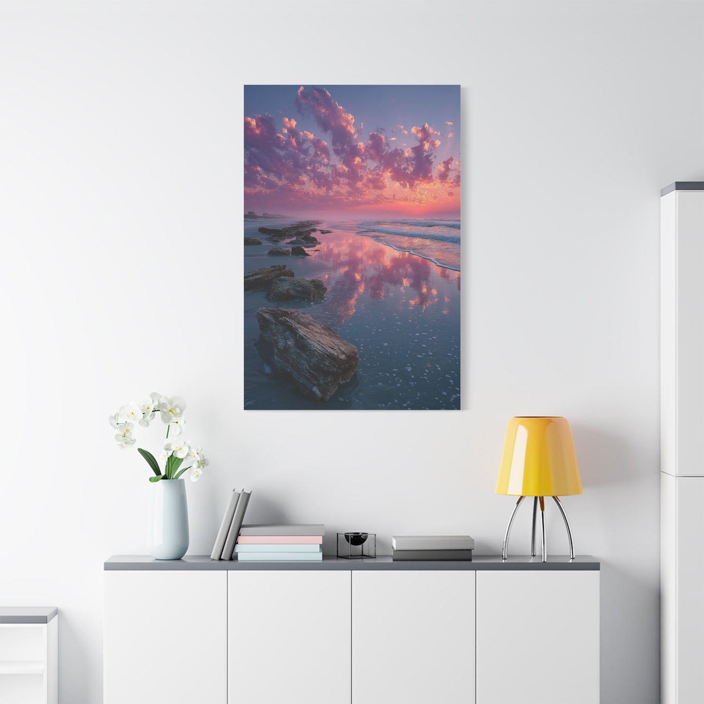 Sunrise Driftwood Shoreline Reflection Wall Art & Canvas Print