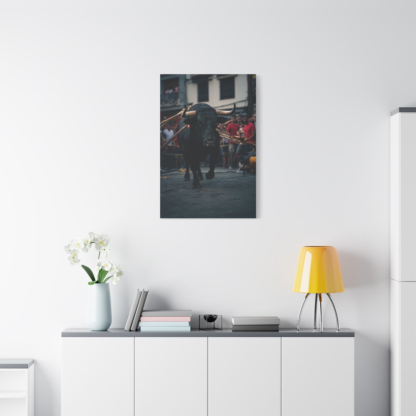 Bull Guided Through Festival Streets Wall Art & Canvas Print