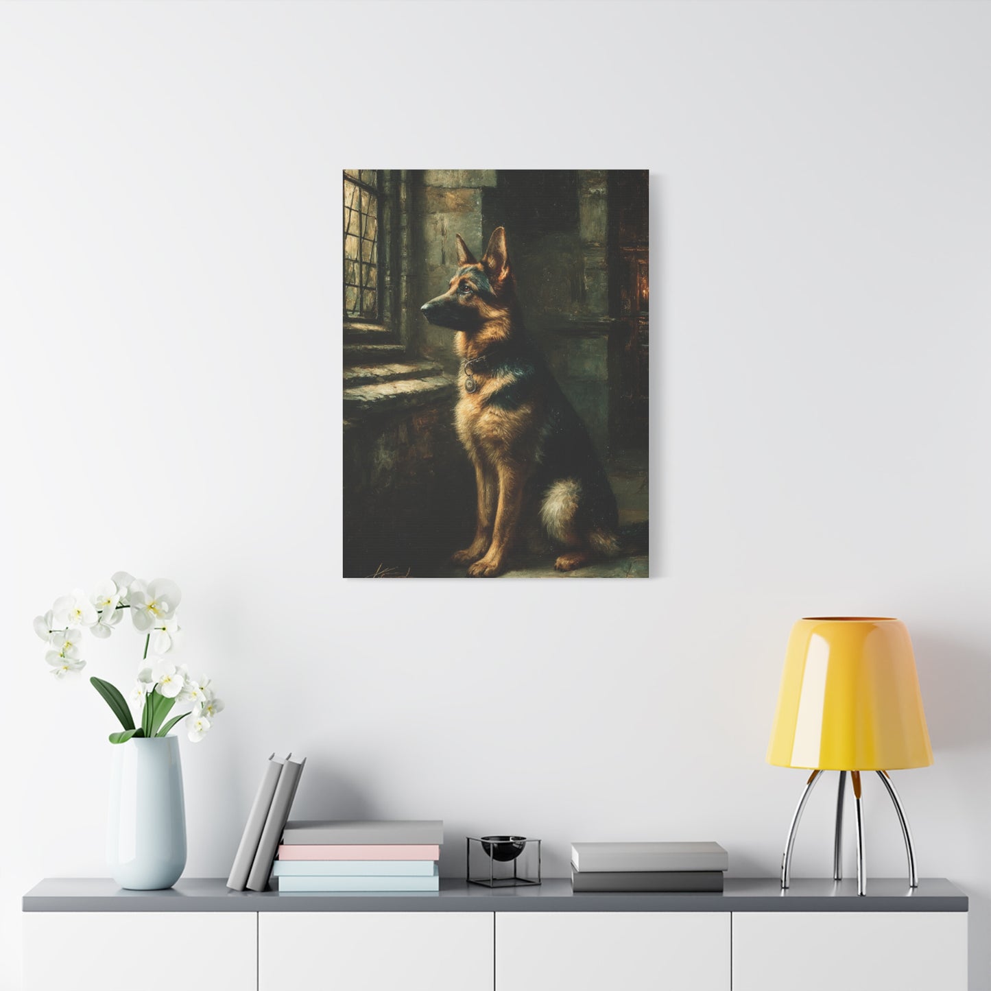 German Shepherd by Window Wall Art & Canvas Print