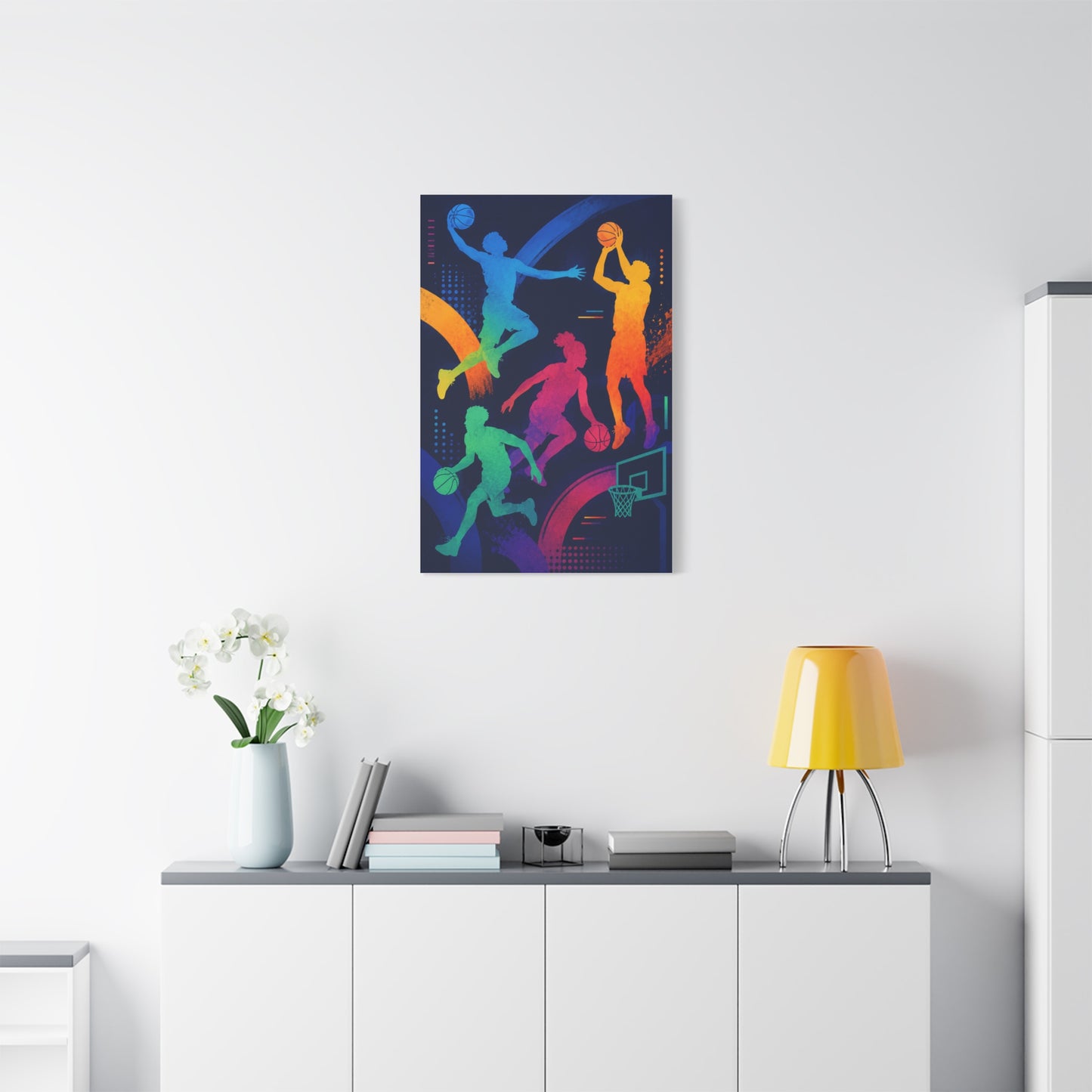 Rainbow Basketball Silhouette Sports Wall Art & Canvas Print