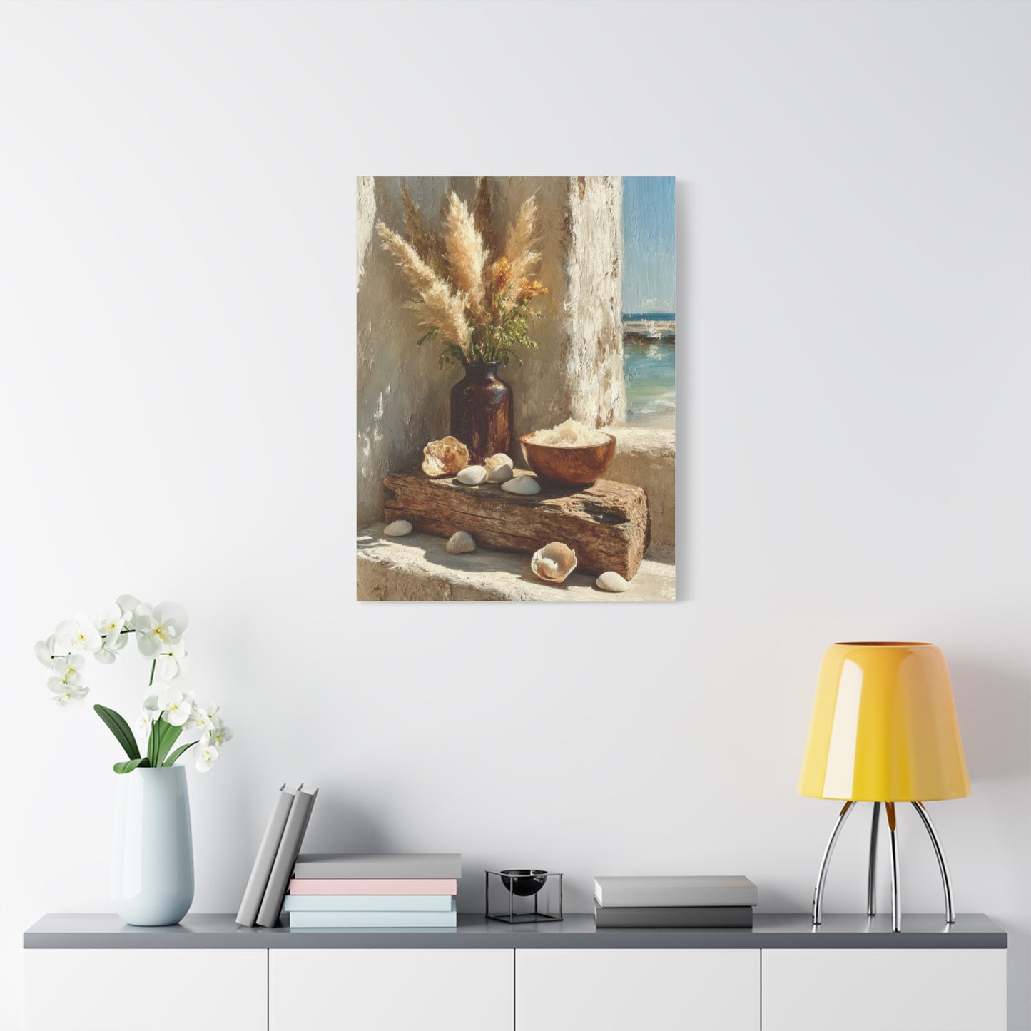 Driftwood Coastal Still Life with Pampas Wall Art & Canvas Print
