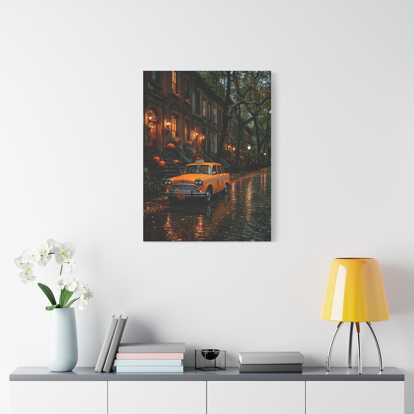 Rainy Autumn Brownstone Street Wall Art & Canvas Print
