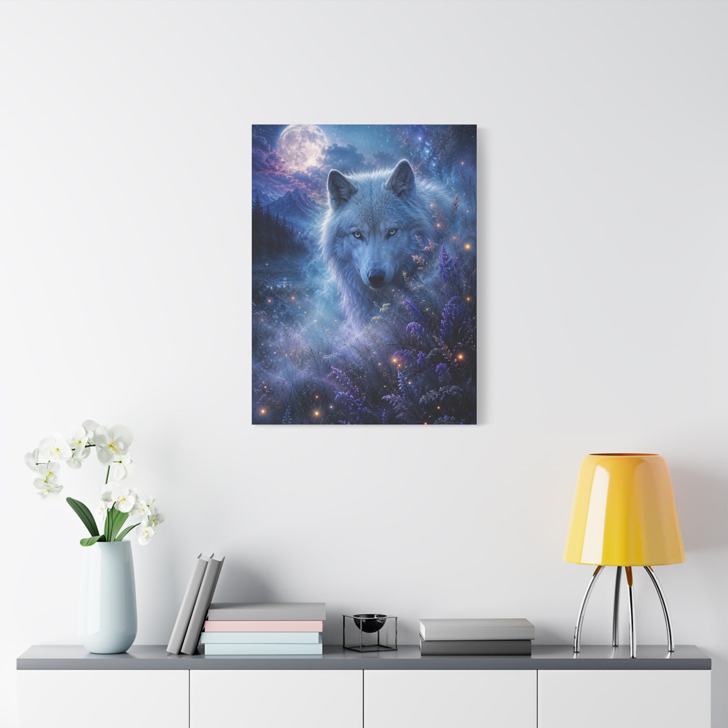 Moonlit White Wolf Portrait Wilderness Scene Wall Art & Canvas Print