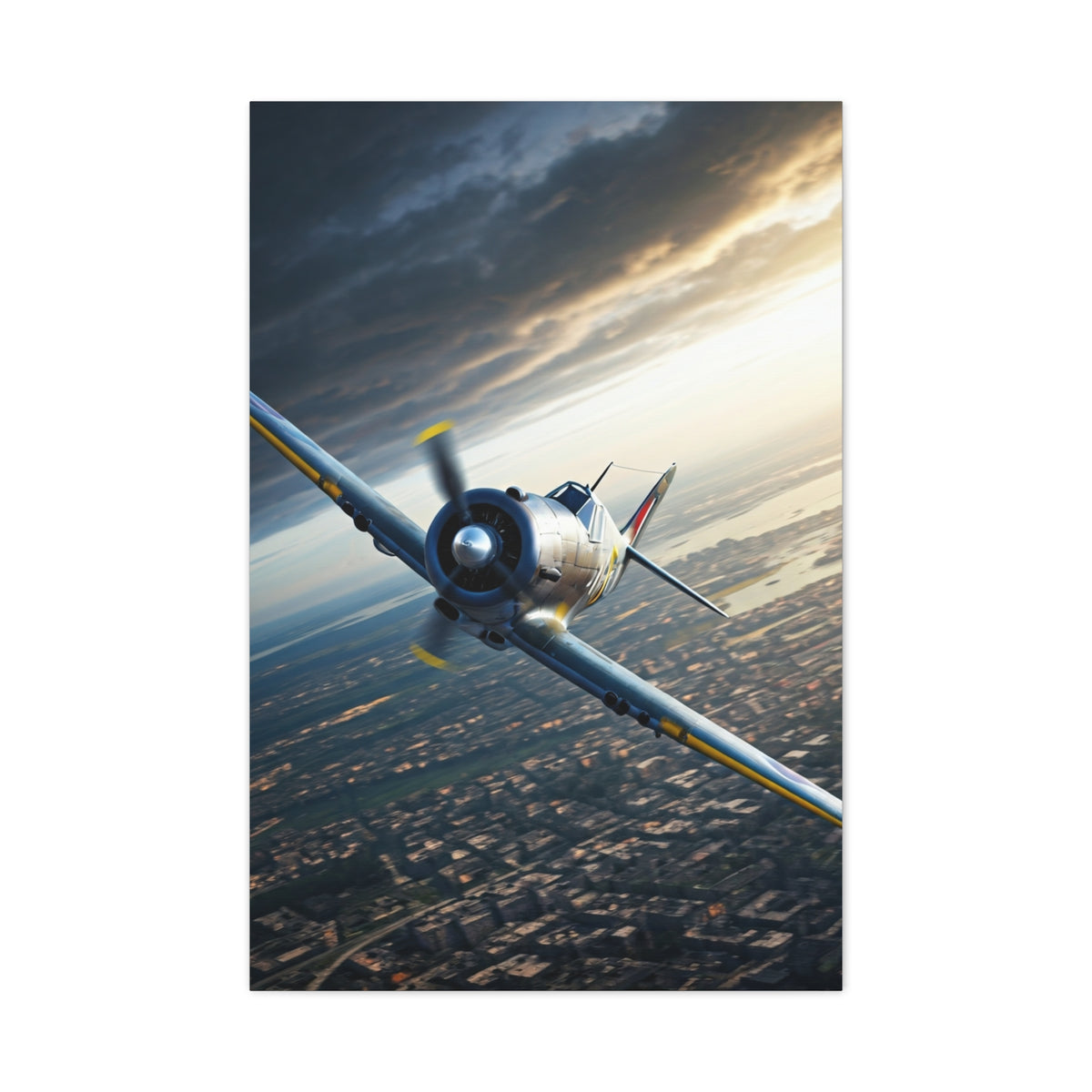 Vintage Fighter Dive Over the City Wall Art & Canvas Prints