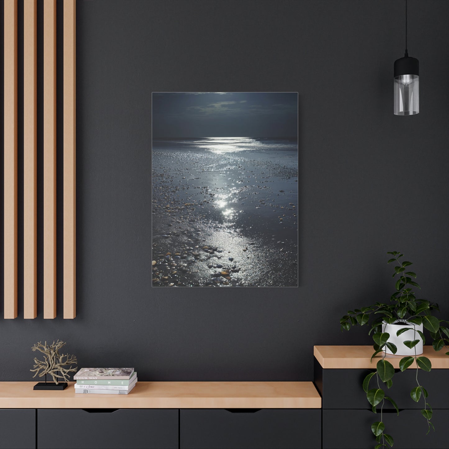 Moonlit Beach Reflections with Scattered Seashells Wall Art & Canvas Print