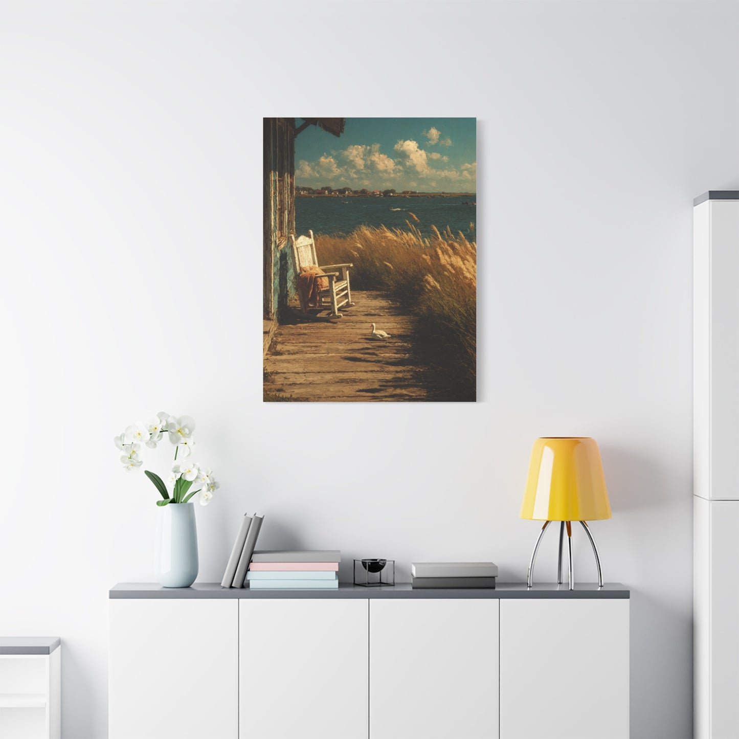Farmhouse Lakeside Porch Scene Wall Art & Canvas Print