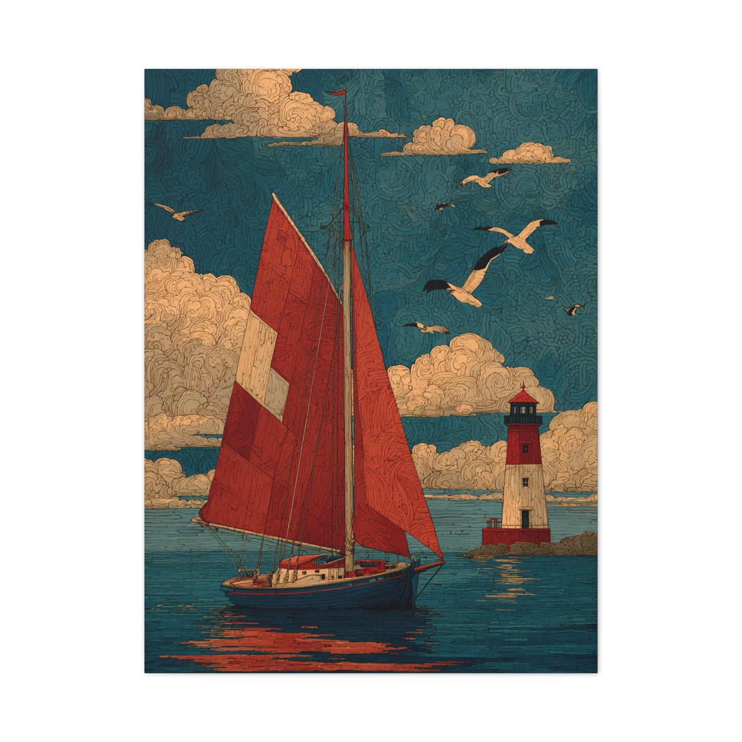Primitive Coastal Sailboat Folk Wall Art & Canvas Print