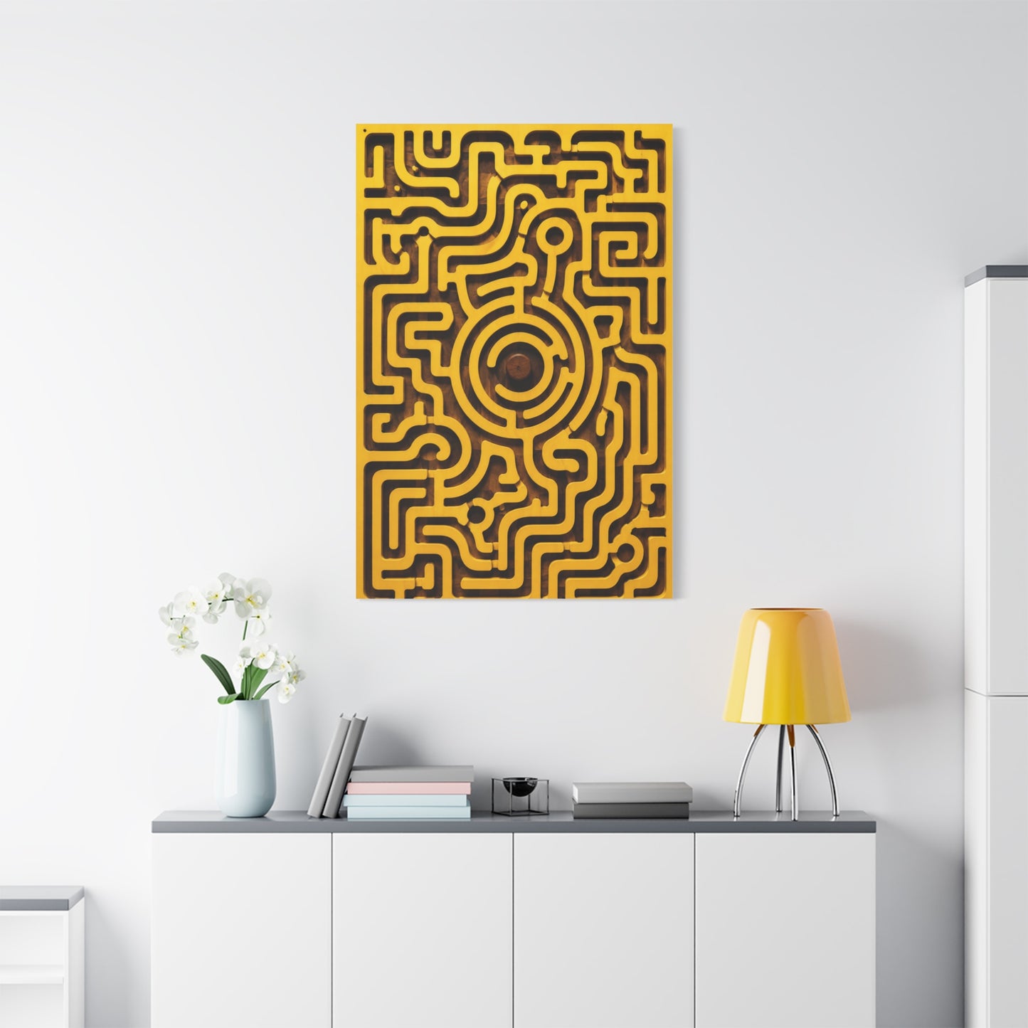 Circular Labyrinth Yellow Relief Design Wall Art & Canvas Print