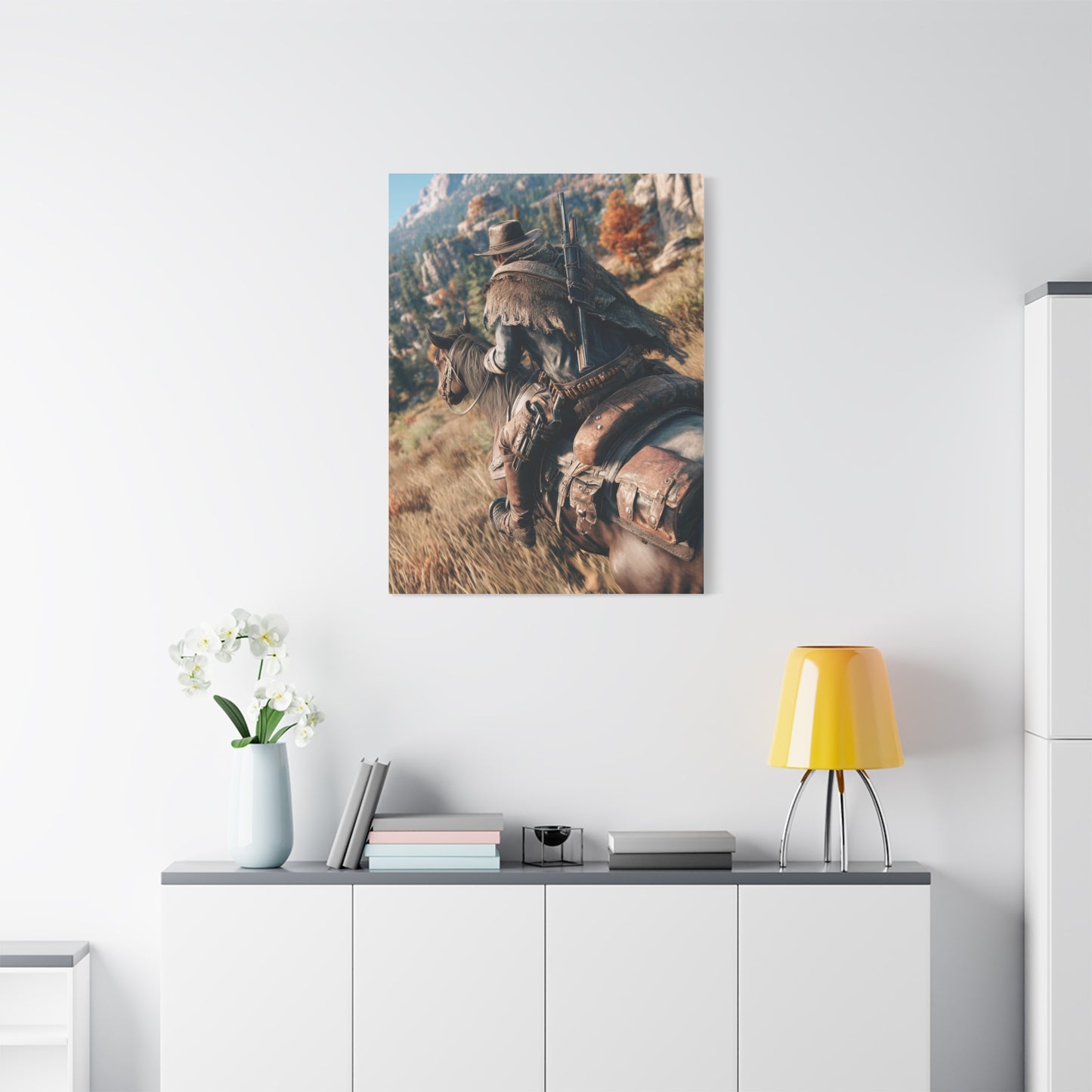 Cowboy Riding Through Mountain Canyon Wall Art & Canvas Print