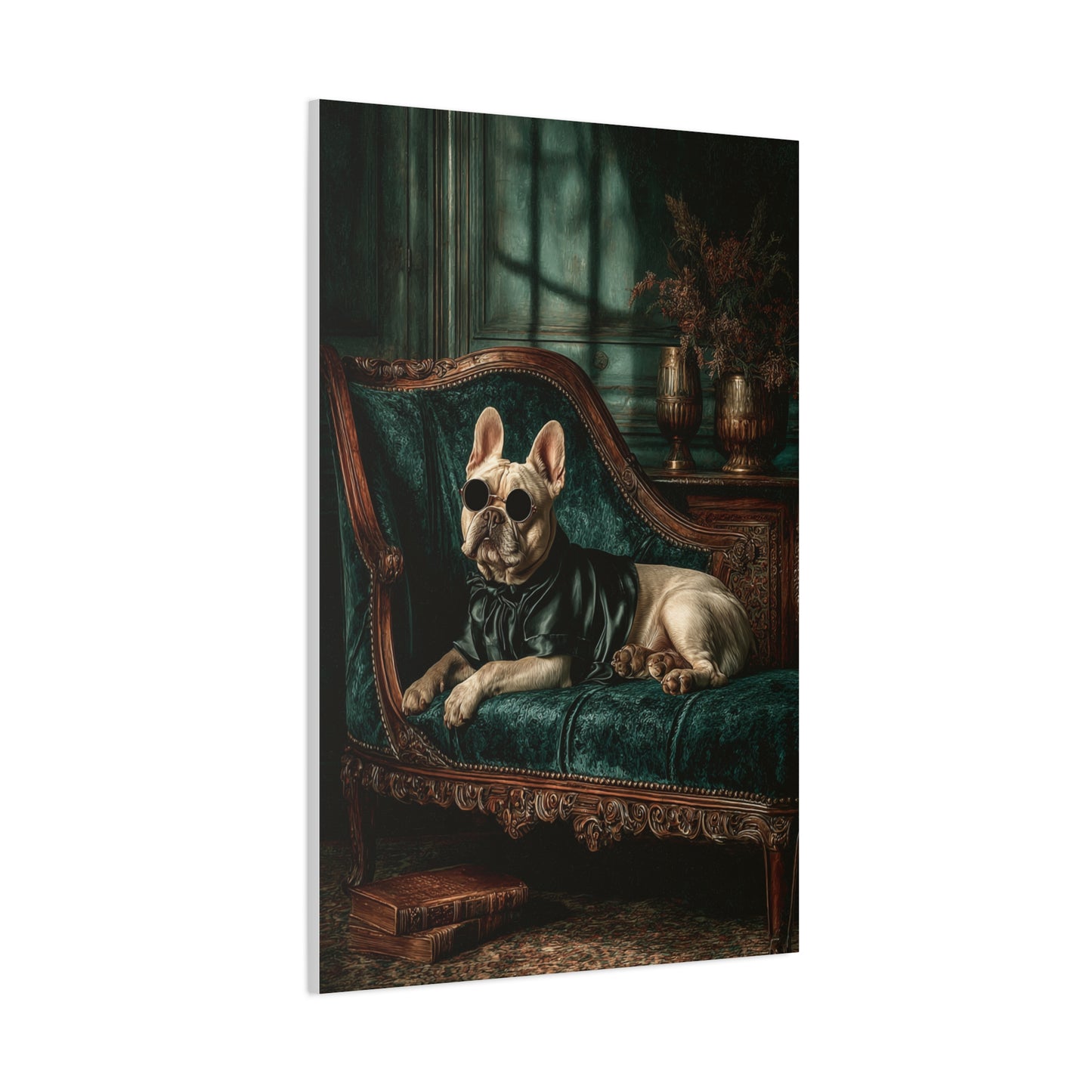 French Bulldog on Emerald Velvet Chaise Wall Art & Canvas Print