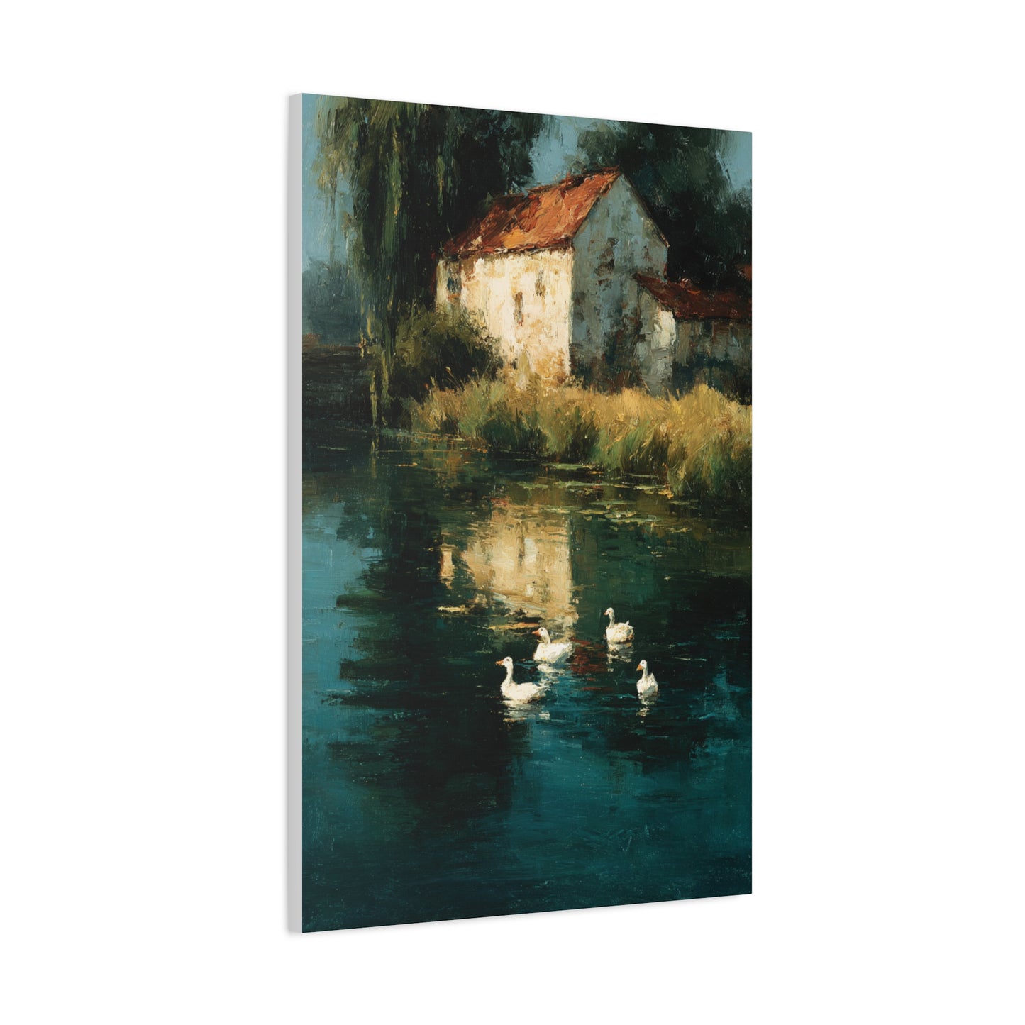 Farmhouse Pond with Ducks Reflection Wall Art & Canvas Print