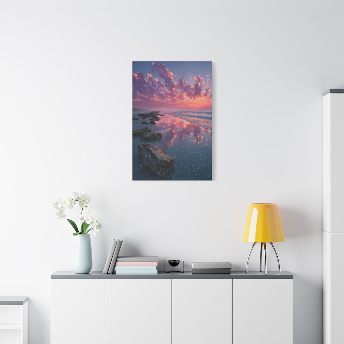 Sunrise Driftwood Shoreline Reflection Wall Art & Canvas Print