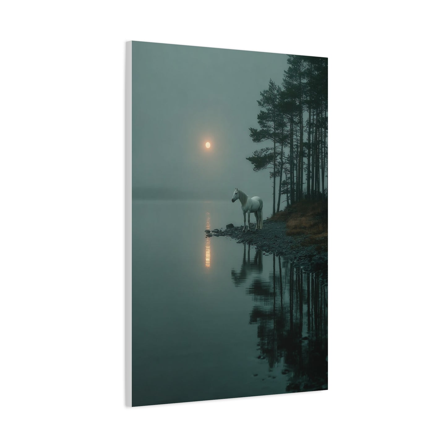 Gray Horse Moonlit Lake Wall Art & Canvas Print