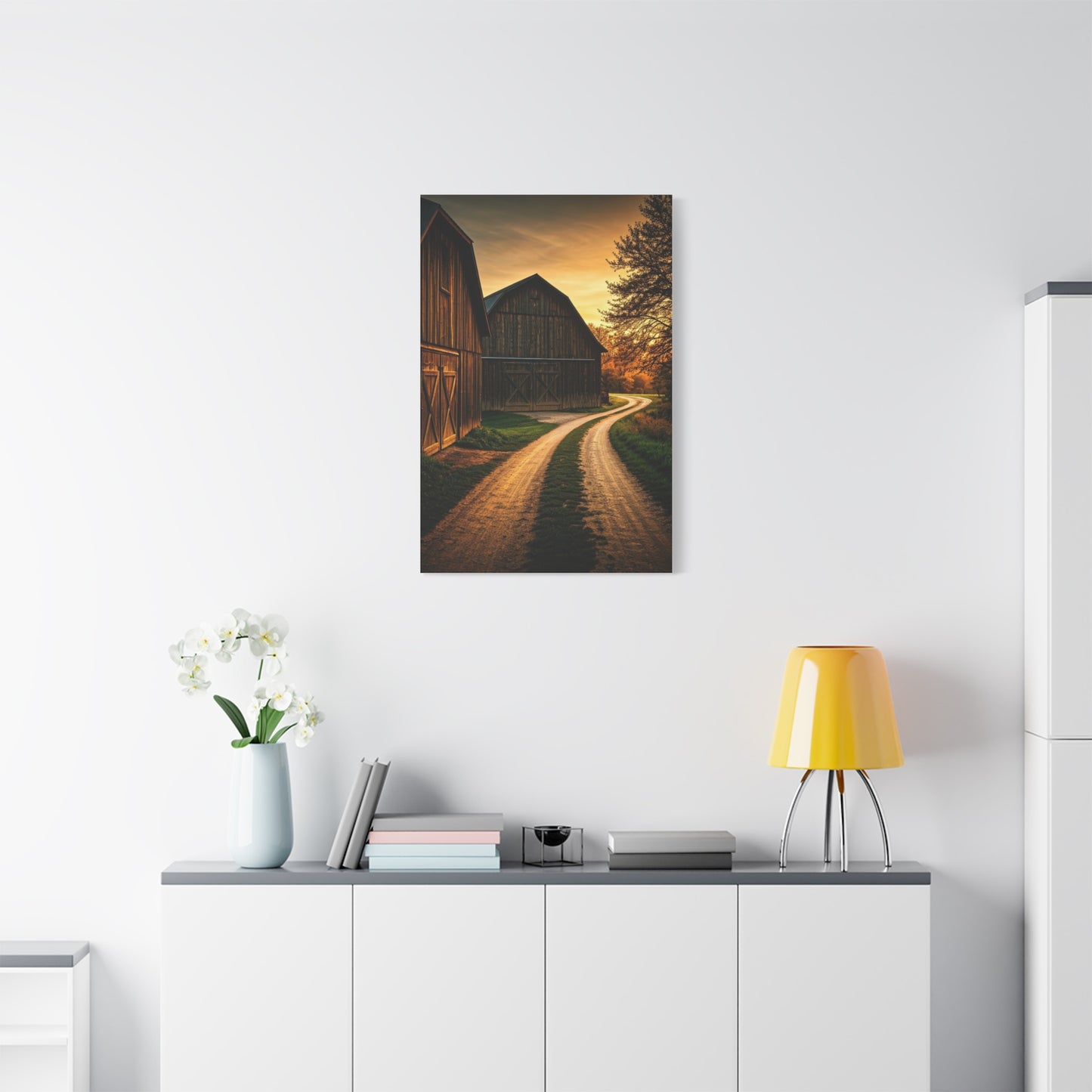 Country Road Between Rustic Barns at Golden Hour Wall Art & Canvas Prints