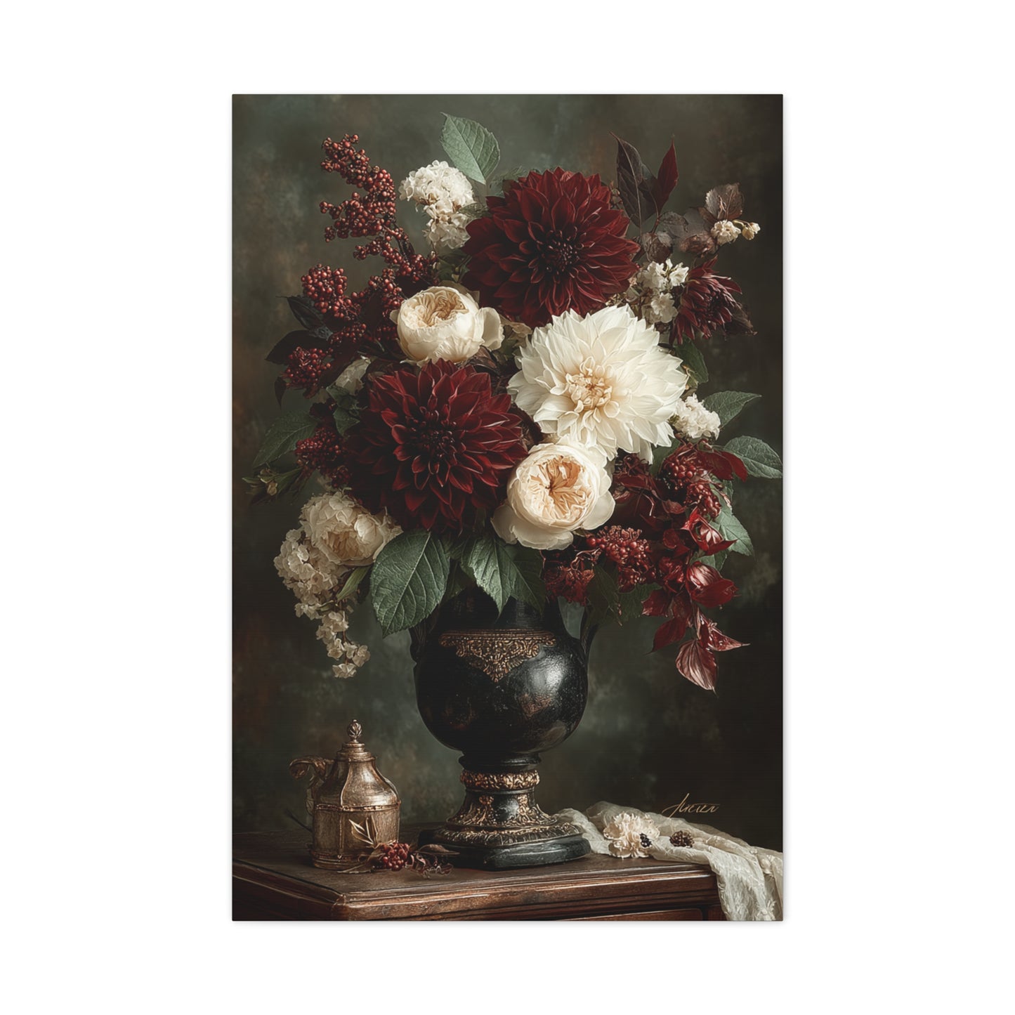 Burgundy Dahlia Floral Still Life Wall Art & Canvas Print