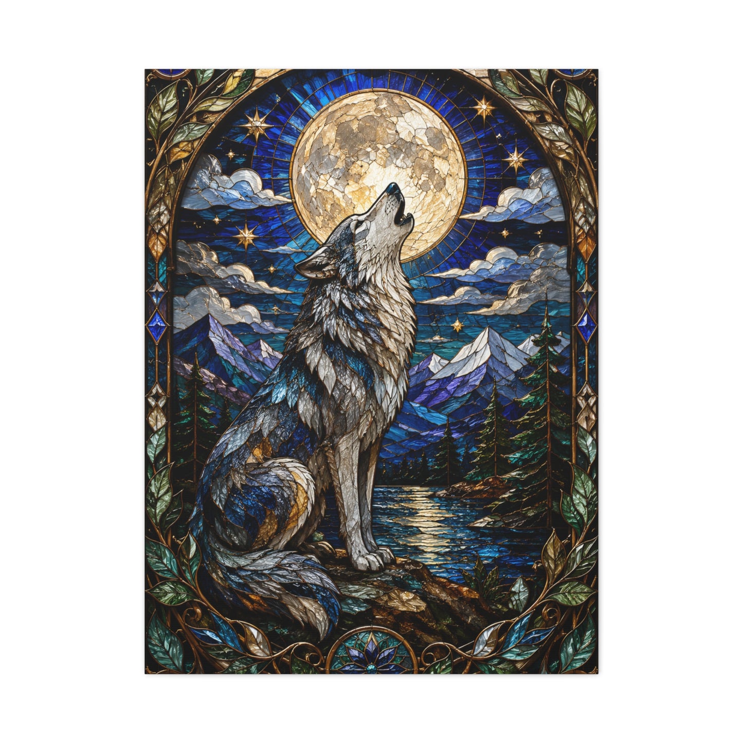 Stained Glass Moonlit Wolf Landscape Wall Art & Canvas Print