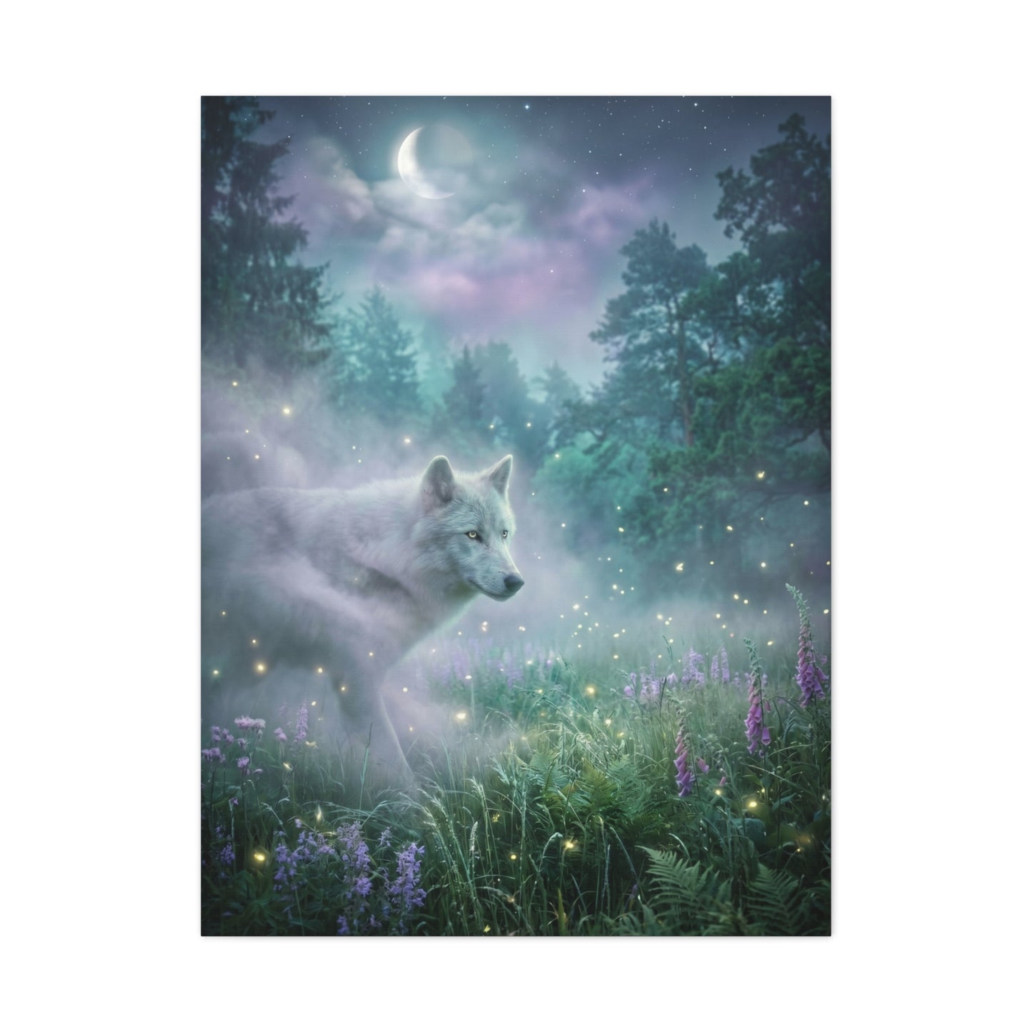 Ethereal White Wolf Moonlit Meadow Scene Wall Art & Canvas Print