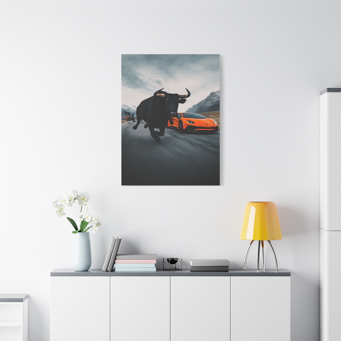 Charging Bull vs Lamborghini Aventador Power Duel Wall Art & Canvas Print