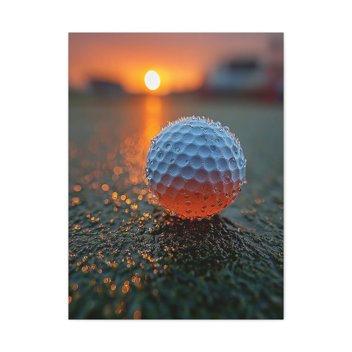 Dew-Covered Golf Ball Sunrise Macro Wall Art & Canvas Print