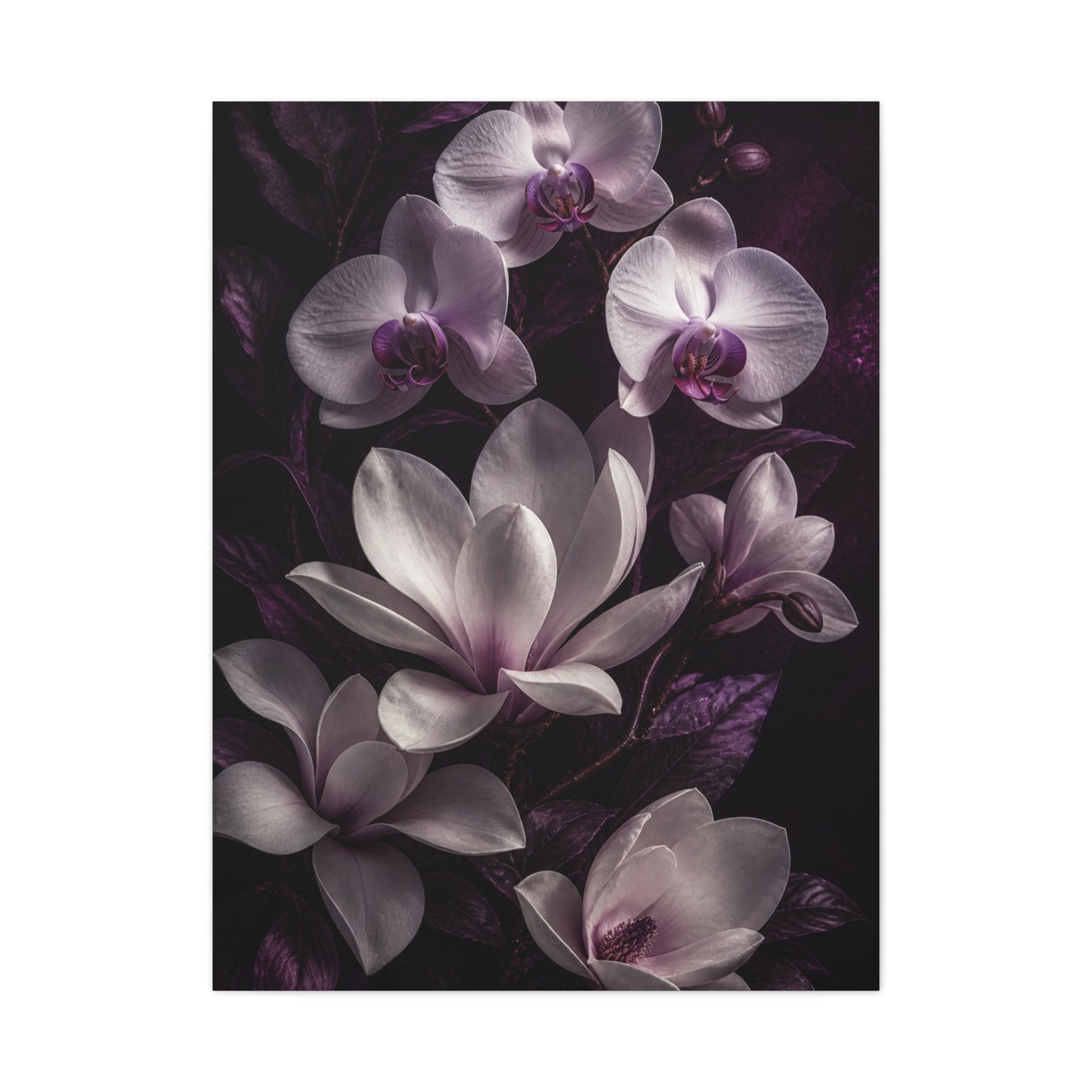White Orchid and Magnolia Night Floral Wall Art & Canvas Print