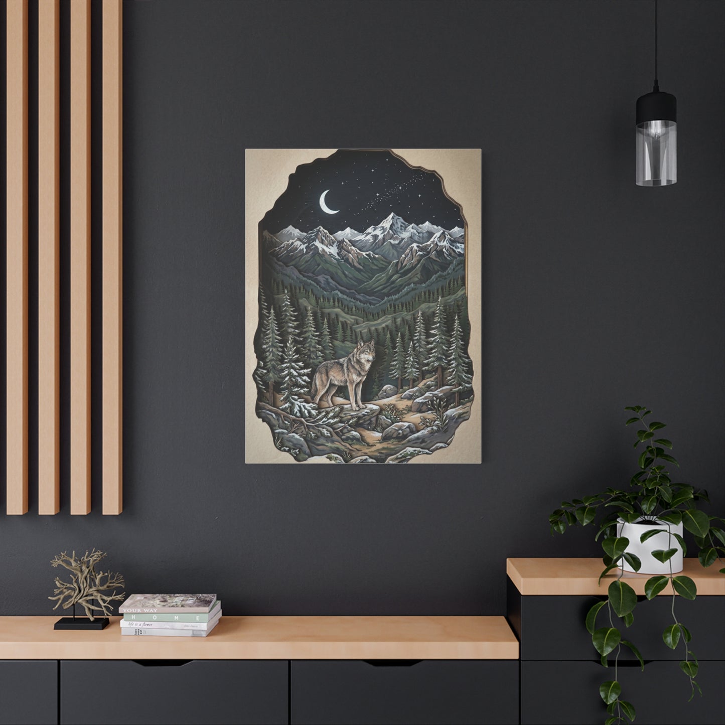 Night Forest Wolf Framed Relief Landscape Wall Art & Canvas Print
