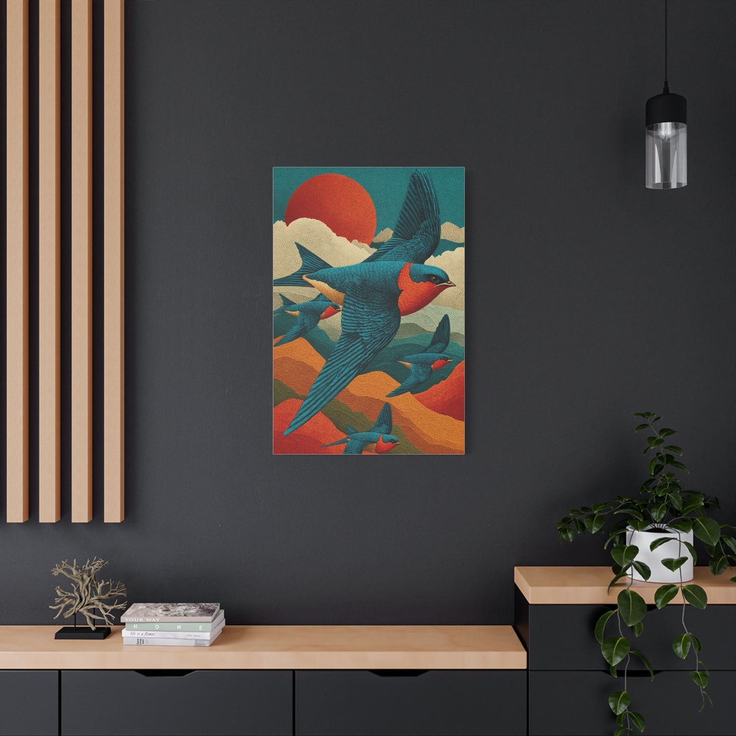 Stylized Swallow Flight Landscape Wall Art & Canvas Print