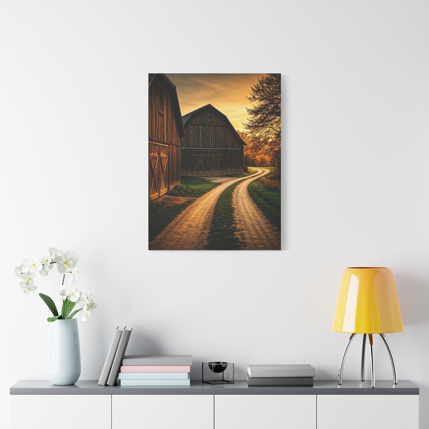Country Road Between Rustic Barns at Golden Hour Wall Art & Canvas Prints