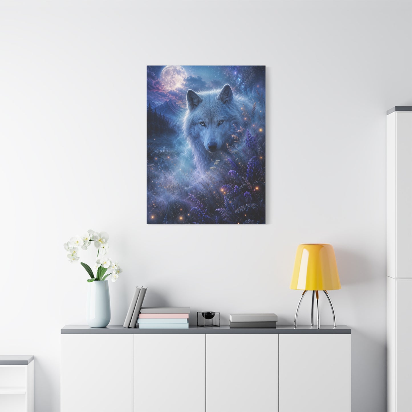 Moonlit White Wolf Portrait Wilderness Scene Wall Art & Canvas Print
