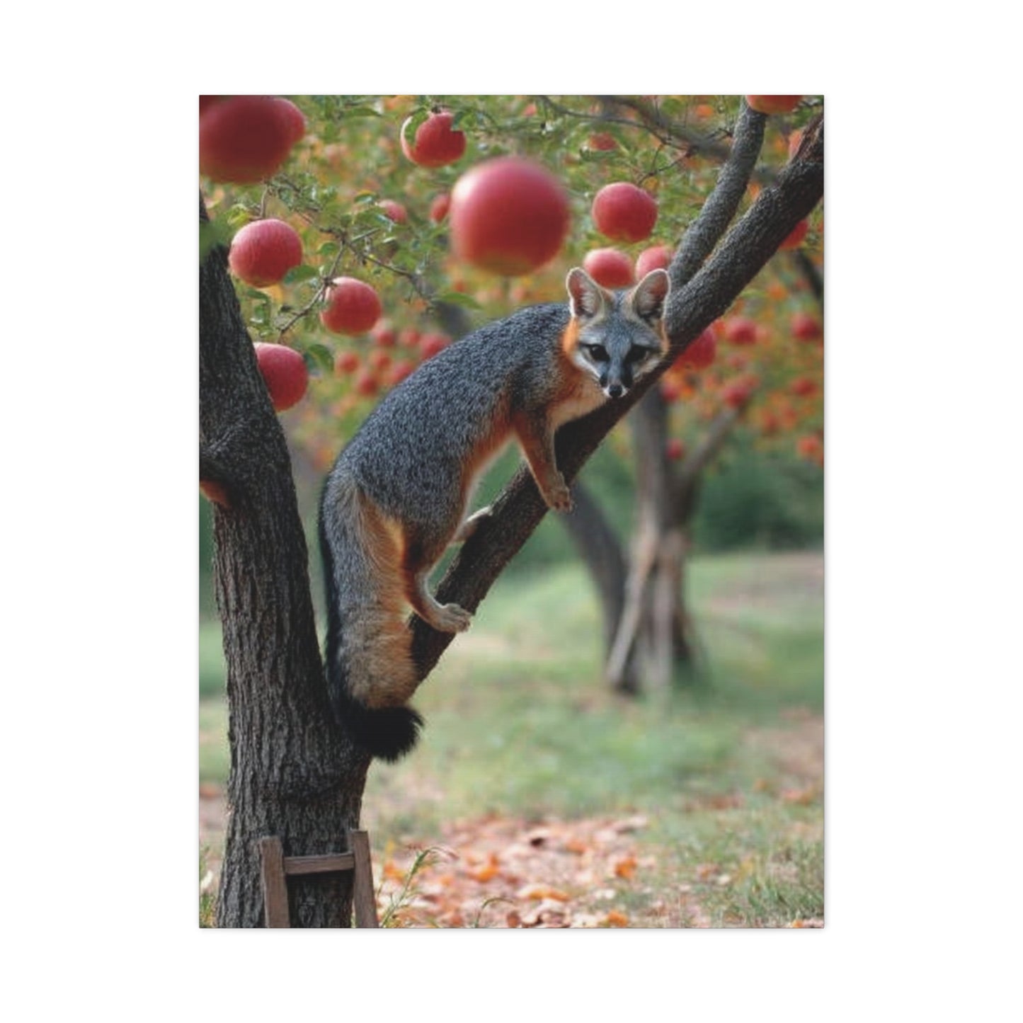 Orchard Gray Fox Climbing Apple Tree Wall Art & Canvas Print