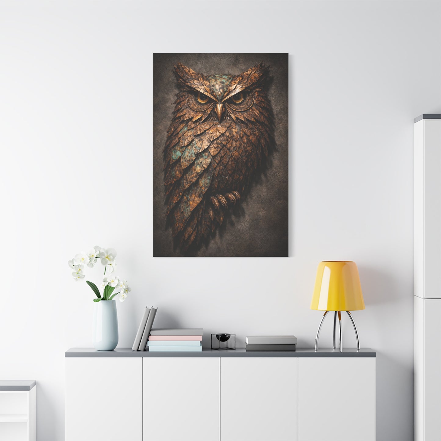 Rustic Metal Feather Owl Sculpture Wall Art & Canvas Print