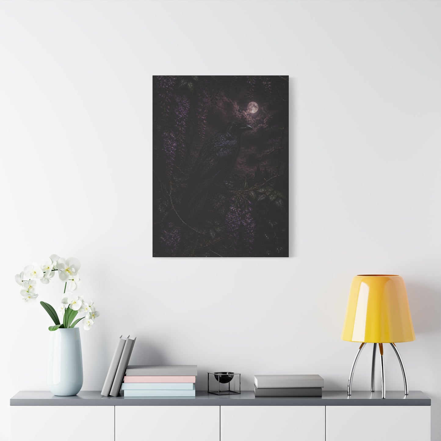Raven in Wisteria Moonlit Scene Wall Art & Canvas Print