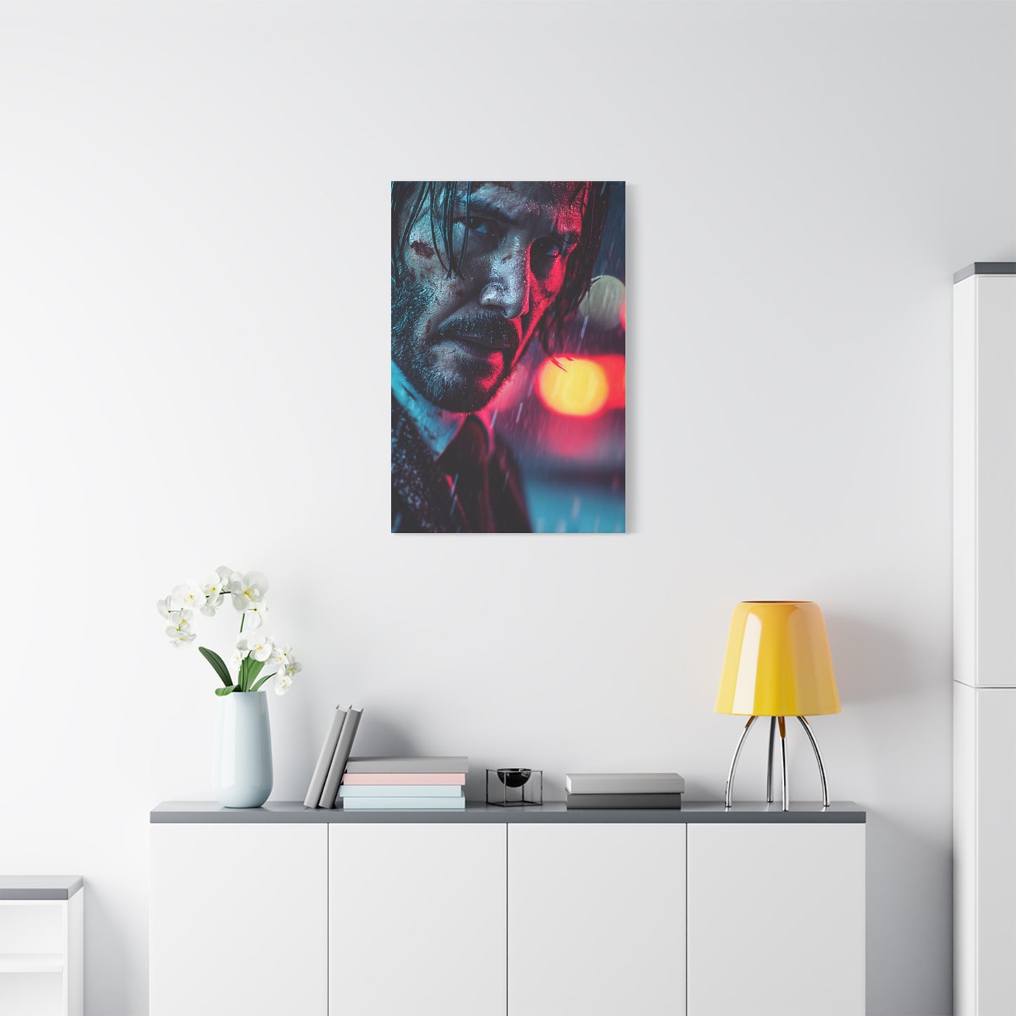 John Wick Neon Rain Close-Up Movie Poster Wall Art & Canvas Print