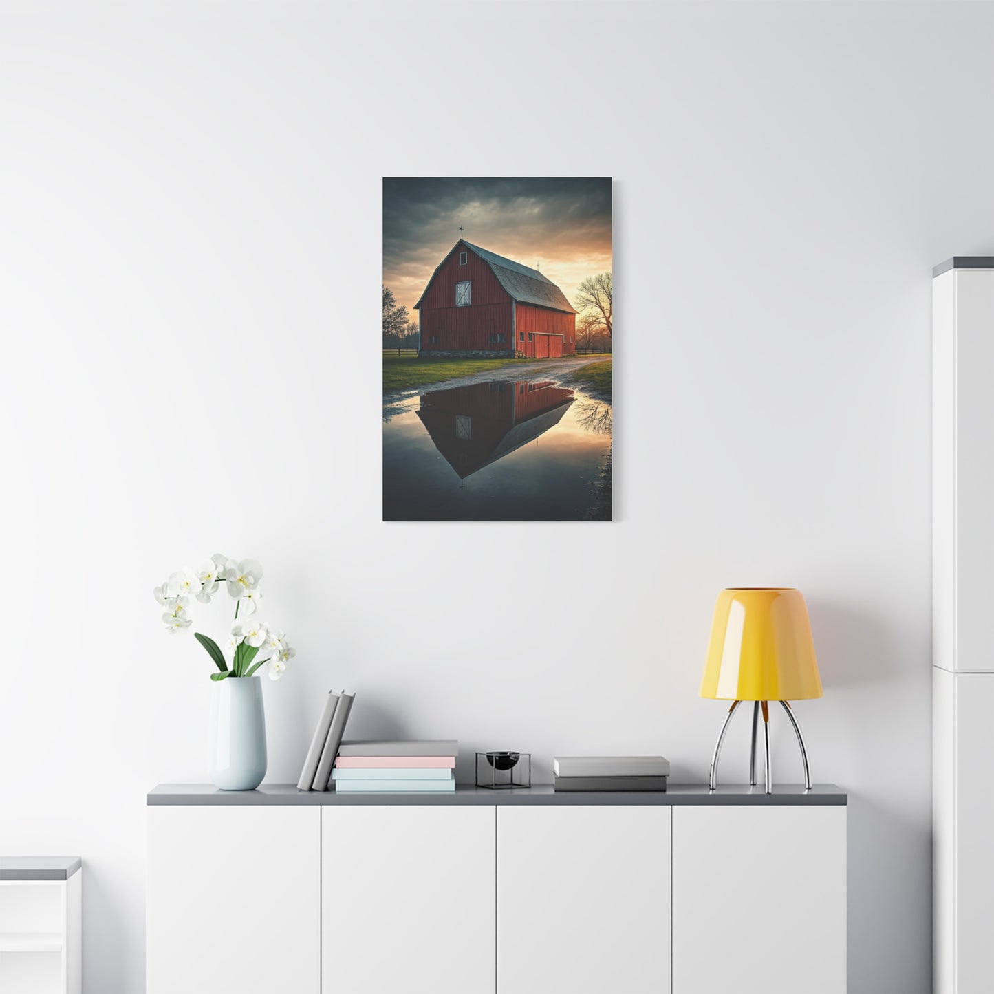Reflected Red Barn at Dusk Wall Art & Canvas Prints
