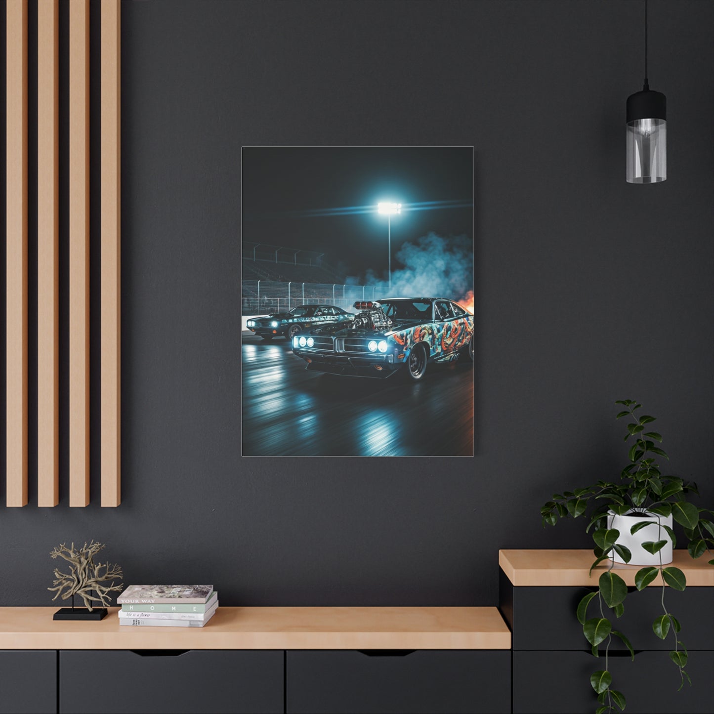 1970 Dodge Charger R/T vs 1970 Plymouth Barracuda Night Drag Duel Wall Art & Canvas Prints