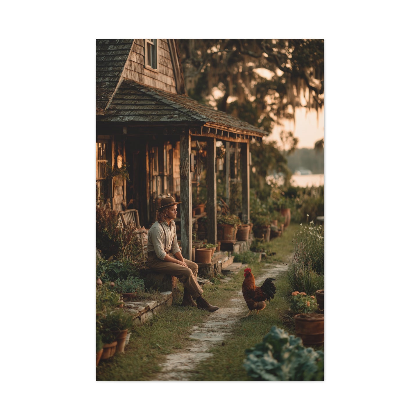 Farmhouse Porch Rooster Scene Wall Art & Canvas Print