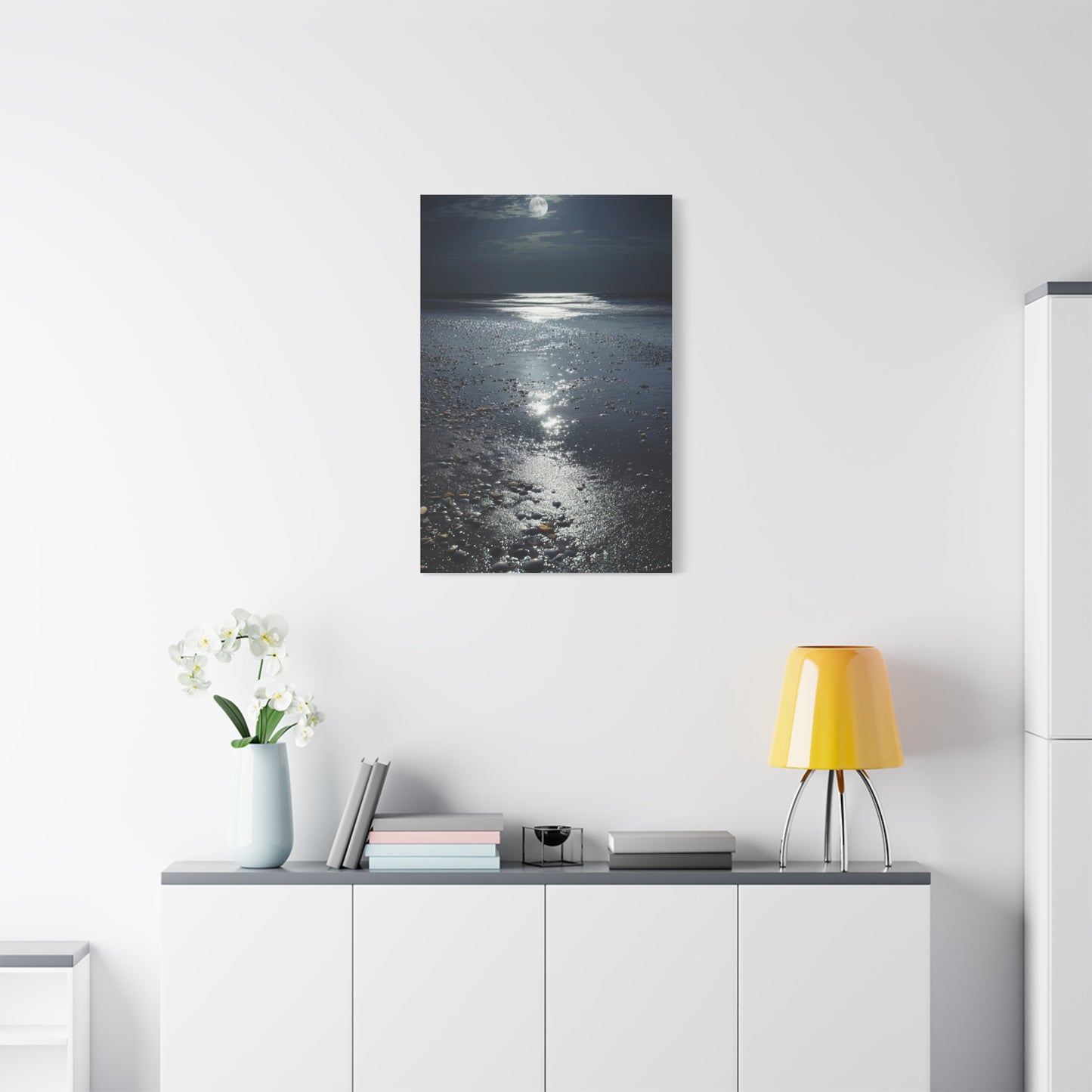 Moonlit Beach Reflections with Scattered Seashells Wall Art & Canvas Print