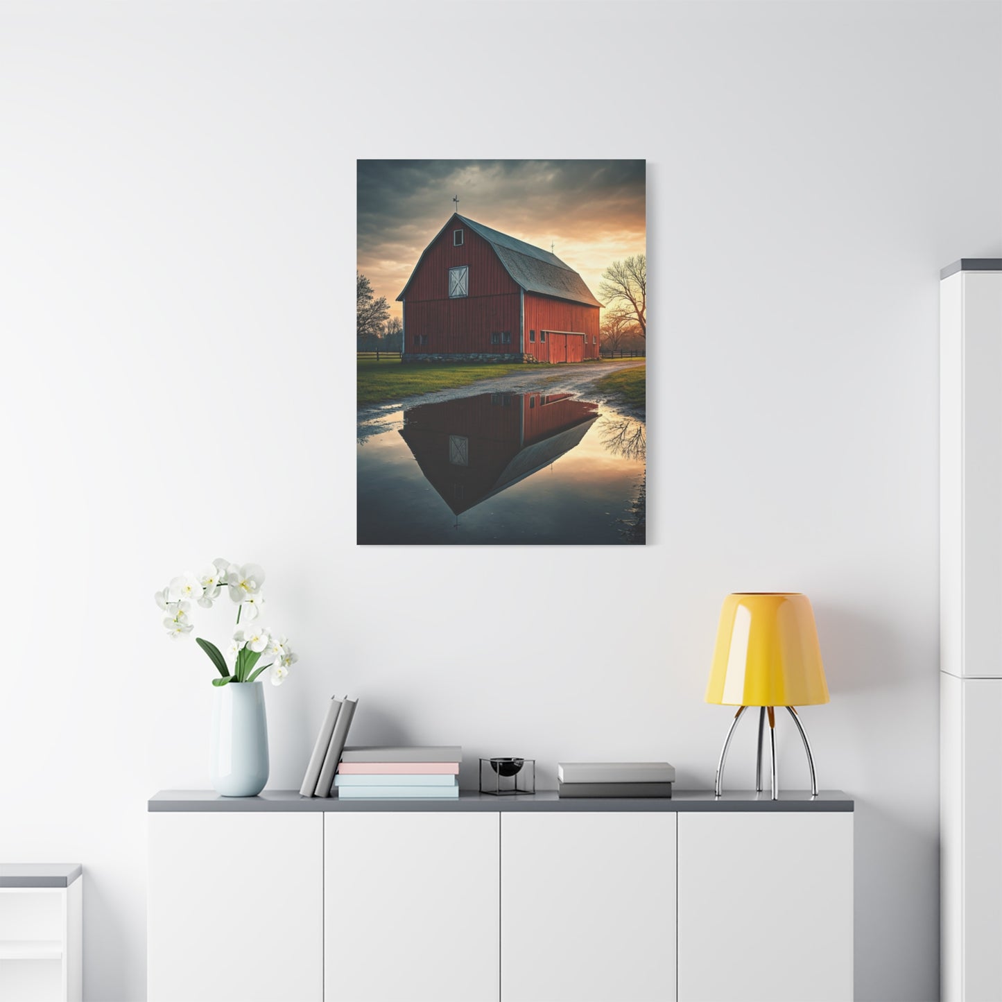 Reflected Red Barn at Dusk Wall Art & Canvas Prints