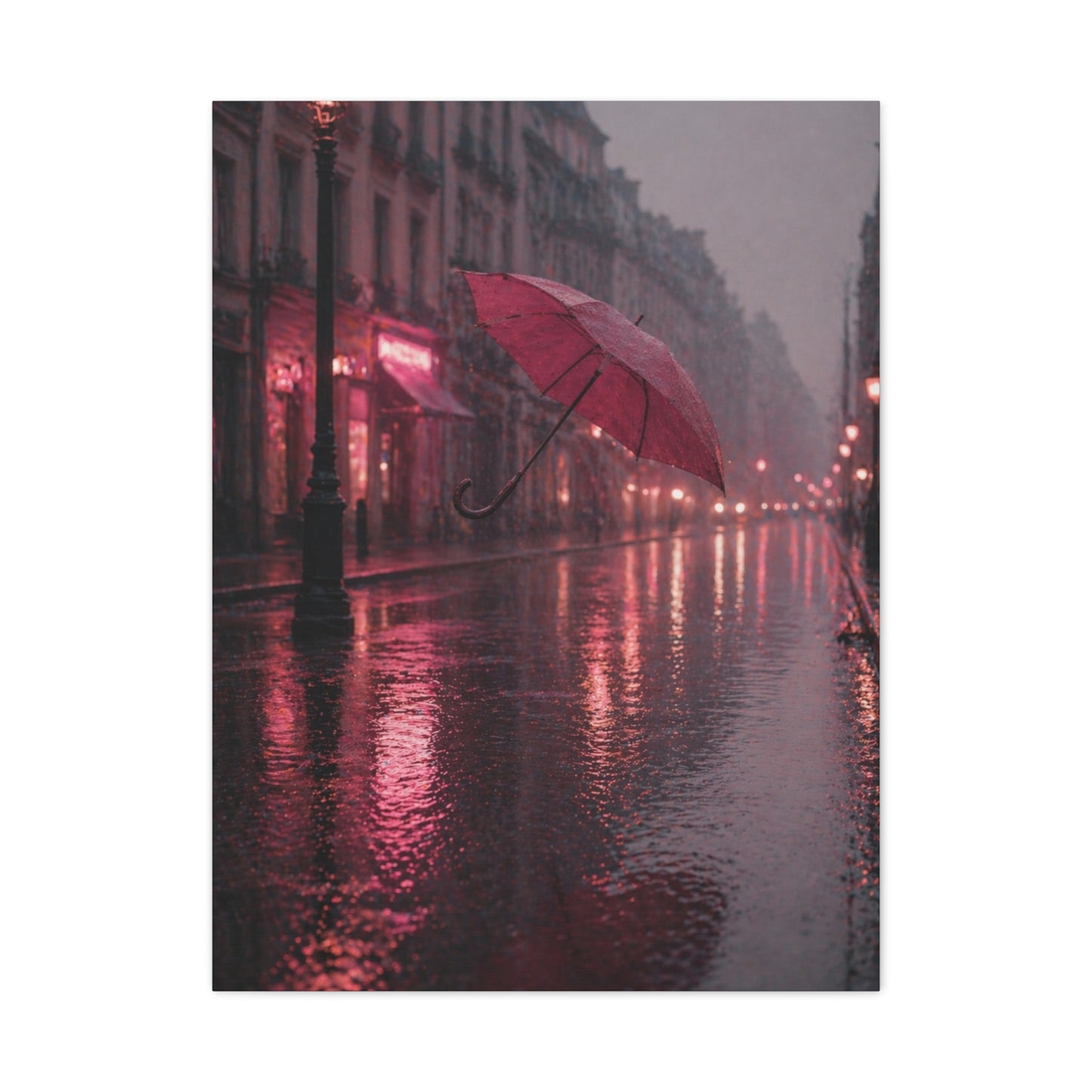 Romantic Pink Rain Street Reflection Wall Art & Canvas Print