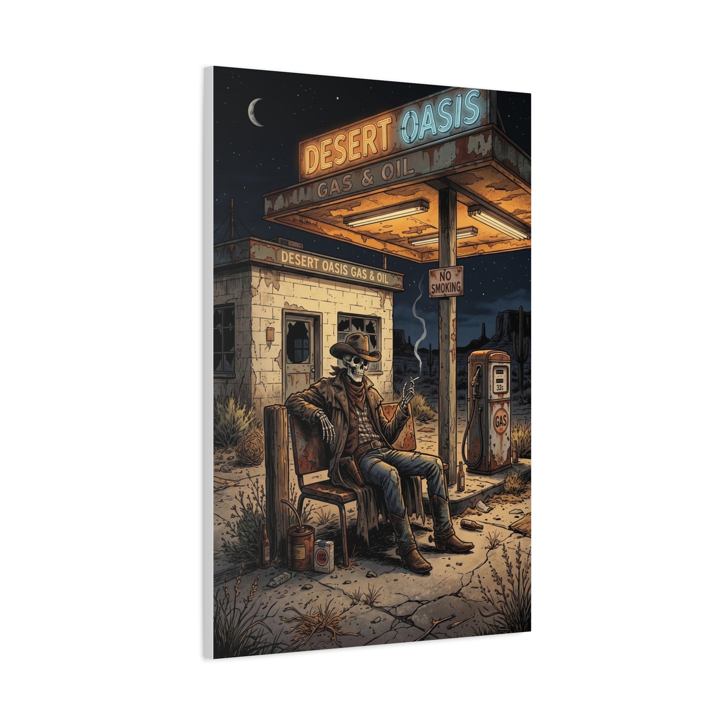 Desert Oasis Skeleton Cowboy Scene Wall Art & Canvas Print