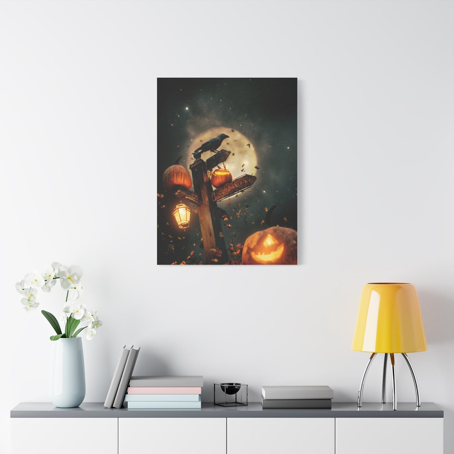 Crow on Pumpkin Signpost Under the Full Moon Wall Art & Canvas Print