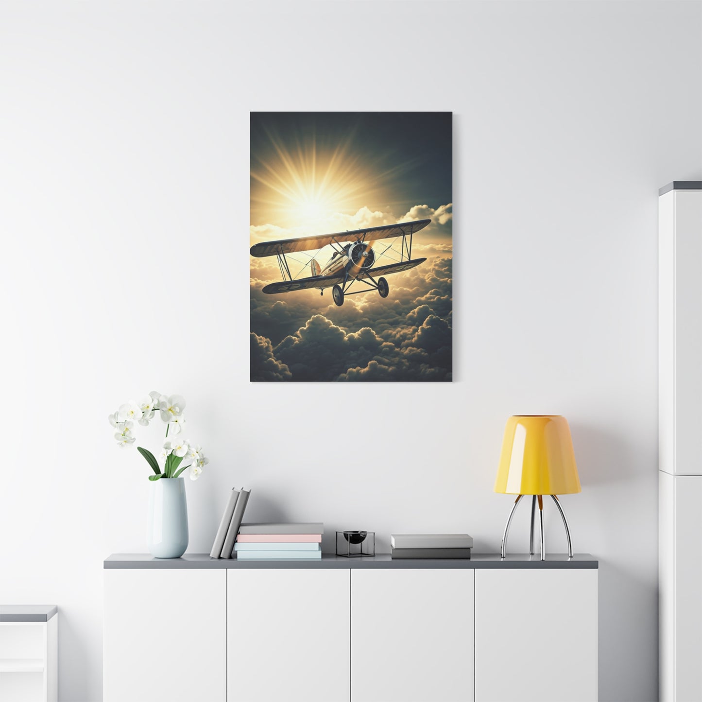 Sunlit Biplane Above the Clouds Wall Art & Canvas Prints