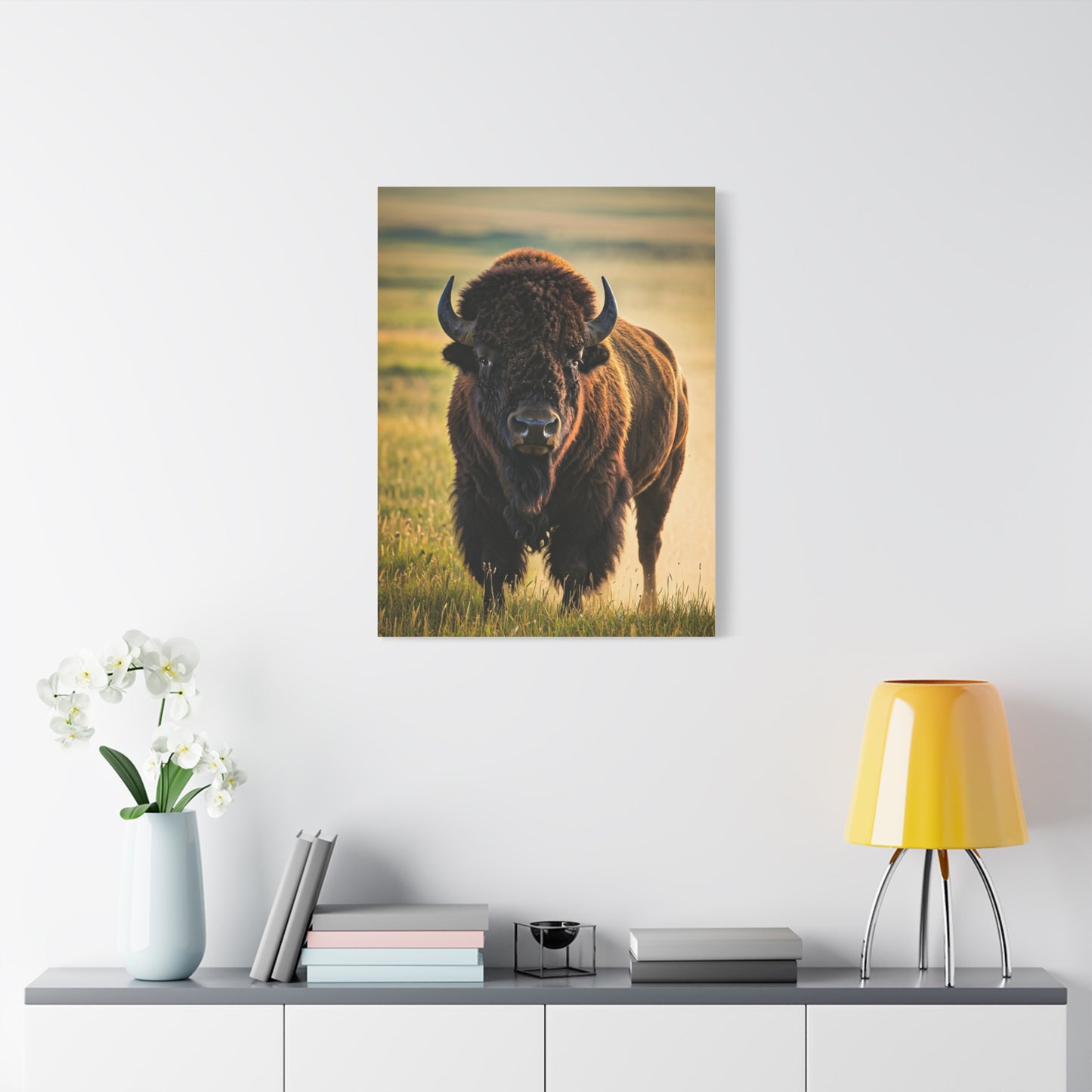 American Baby Bison Walking Through Prairie Grass Wall Art & Canvas Print