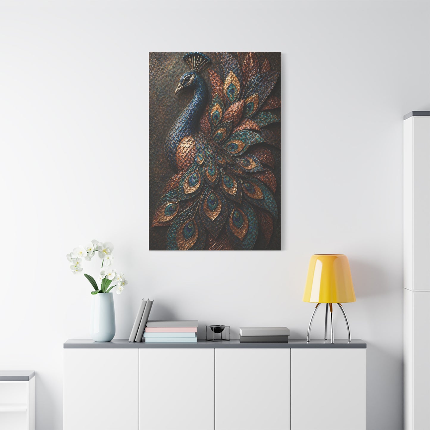 Sculptural Metal Peacock Relief Wall Art & Canvas Print